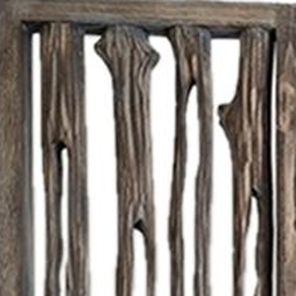 A stylish 4-panel room divider in weathered brown wood featuring a unique tree branch design, perfect for modern decor.