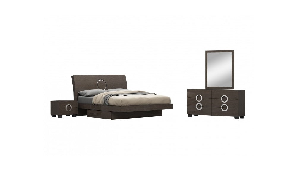 Elegant 4pc California King Modern Gray High bedroom set featuring a tufted headboard, nightstand, dresser, and mirror.