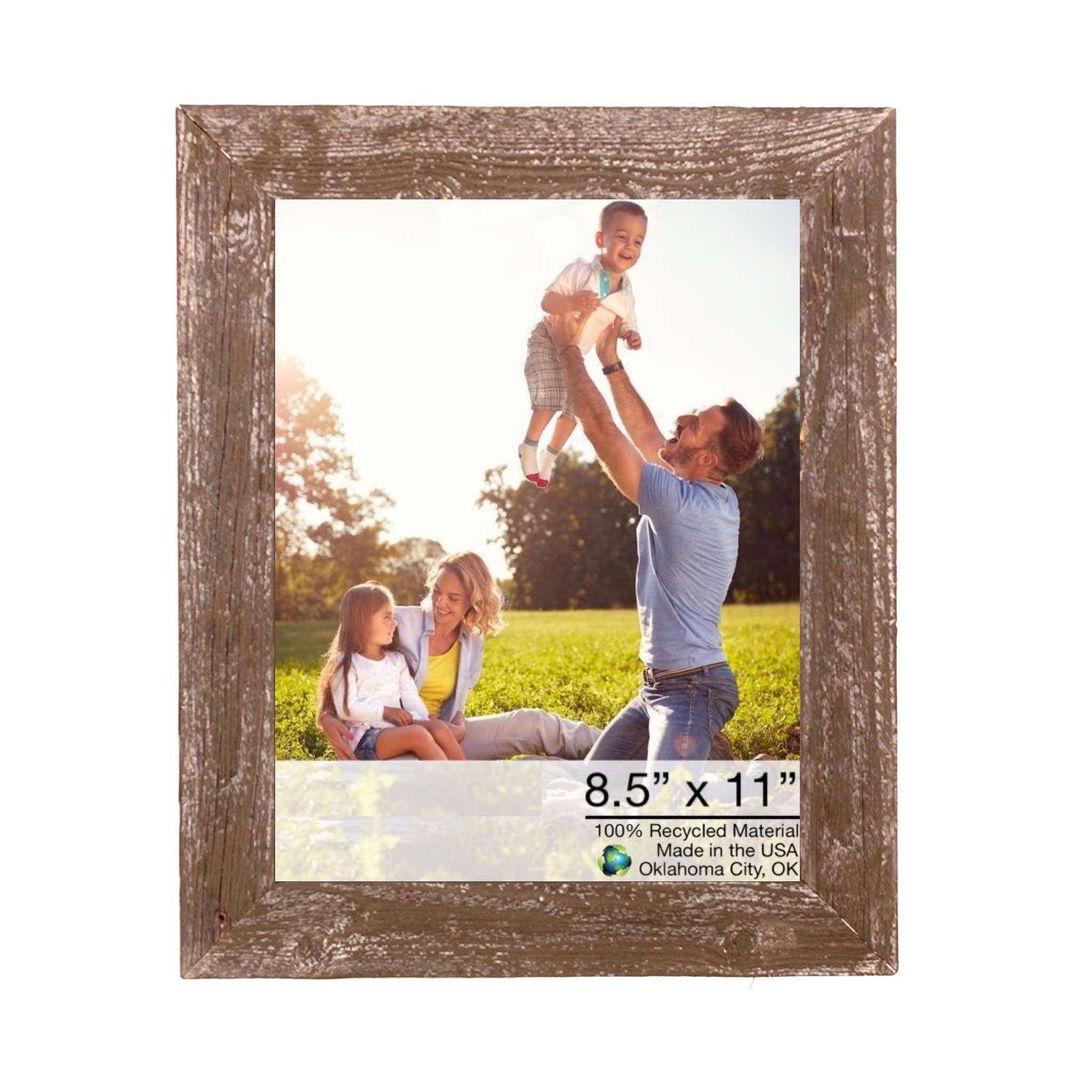 A rustic espresso picture frame made from reclaimed wood, designed to hold an 8.5x11 photo, showcasing its unique texture and warm brown color.