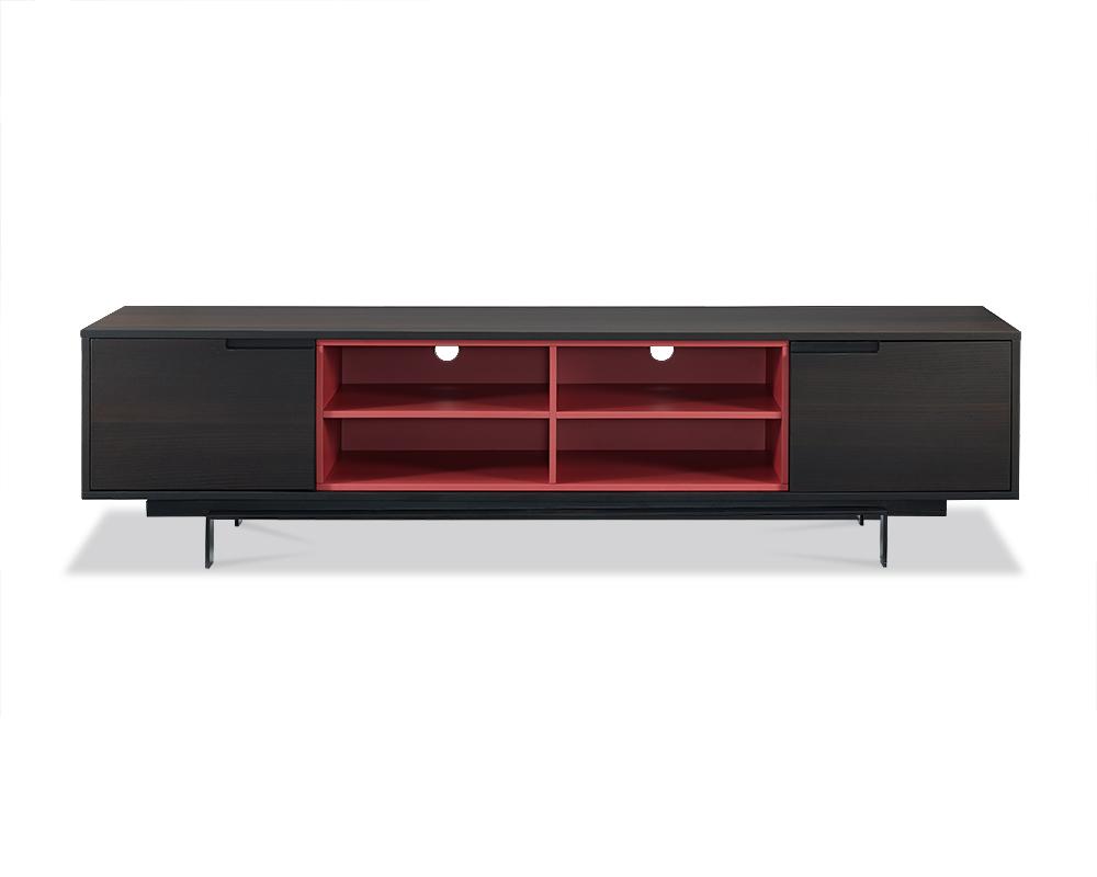 87-inch smoke oak veneer TV unit with spacious shelves and modern design, perfect for living room decor.