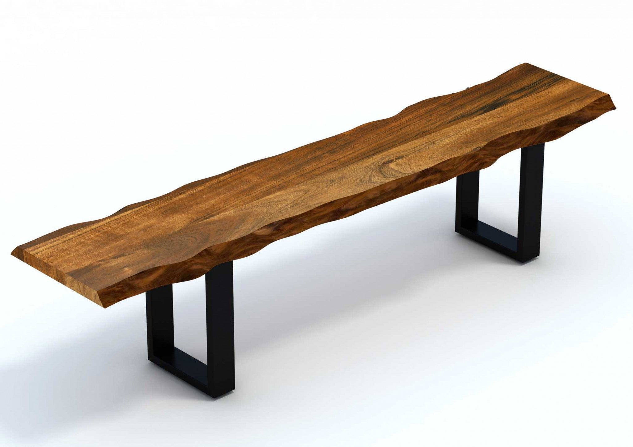 87-inch live edge acacia wood bench with black metal legs, showcasing a rustic design and warm walnut finish.