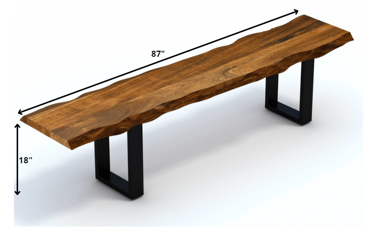 87-inch live edge acacia wood bench with black metal legs, showcasing a rustic design and warm walnut finish.