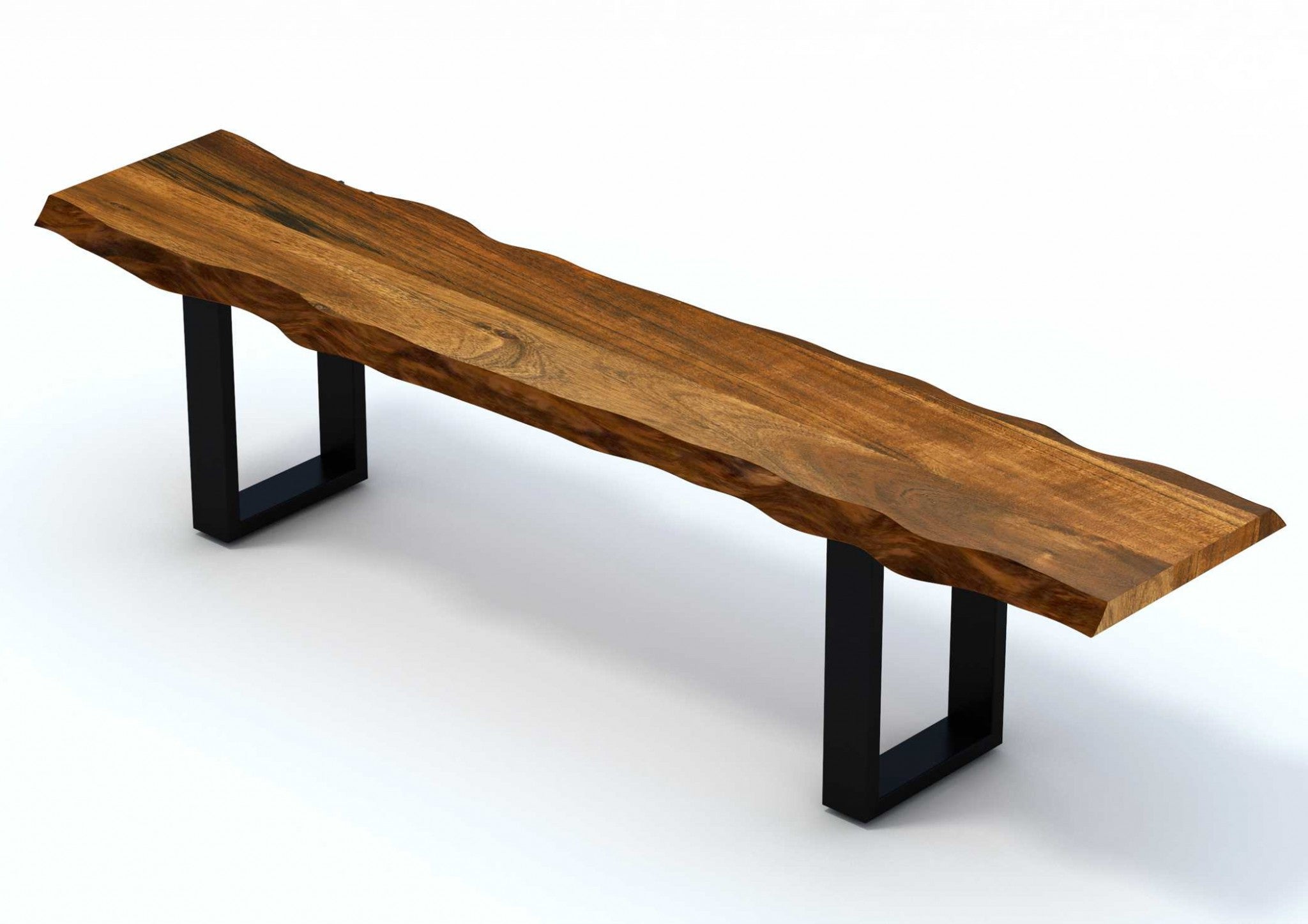 87-inch live edge acacia wood bench with black metal legs, showcasing a rustic design and warm walnut finish.