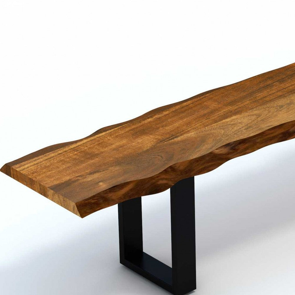 87-inch live edge acacia wood bench with black metal legs, showcasing a rustic design and warm walnut finish.