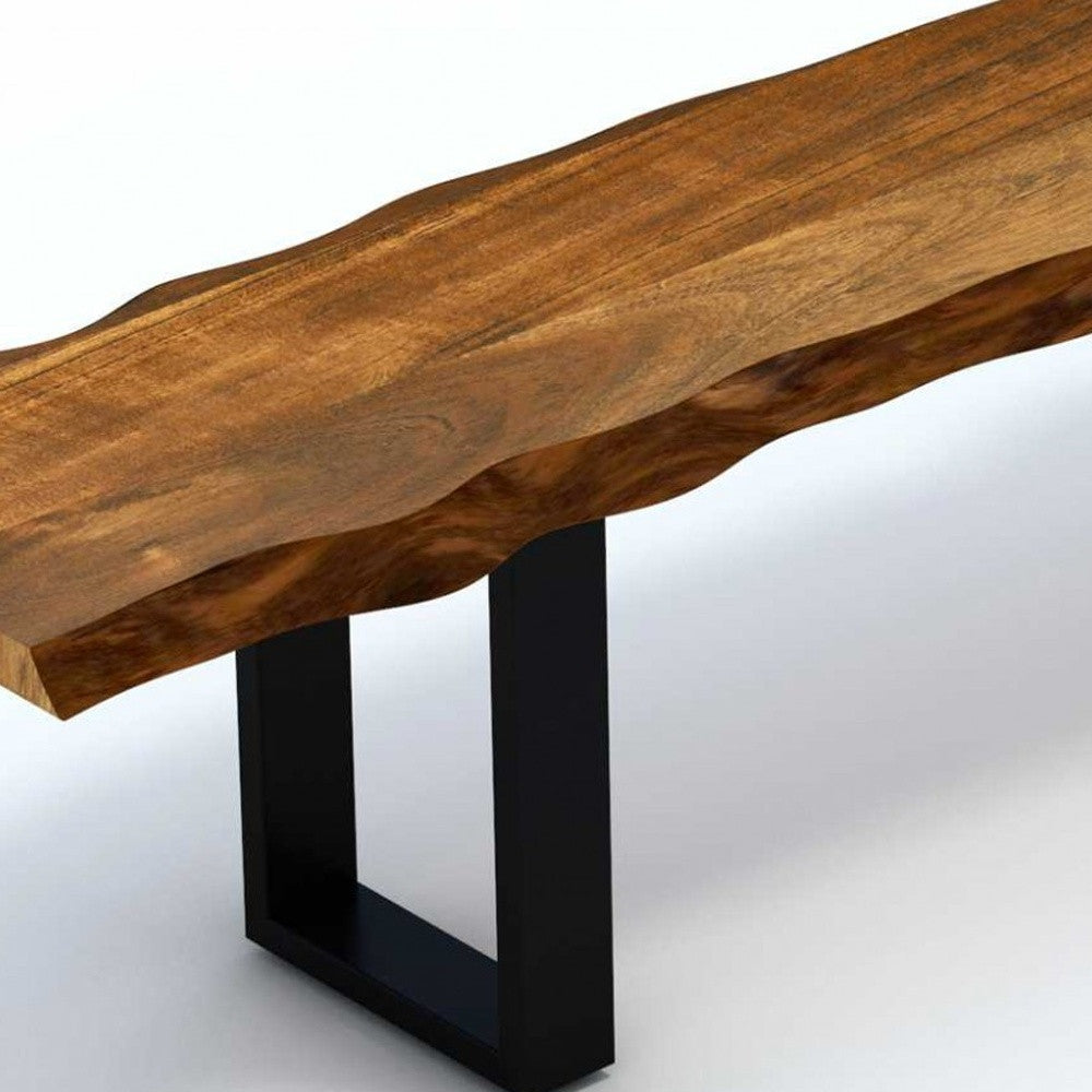 87-inch live edge acacia wood bench with black metal legs, showcasing a rustic design and warm walnut finish.