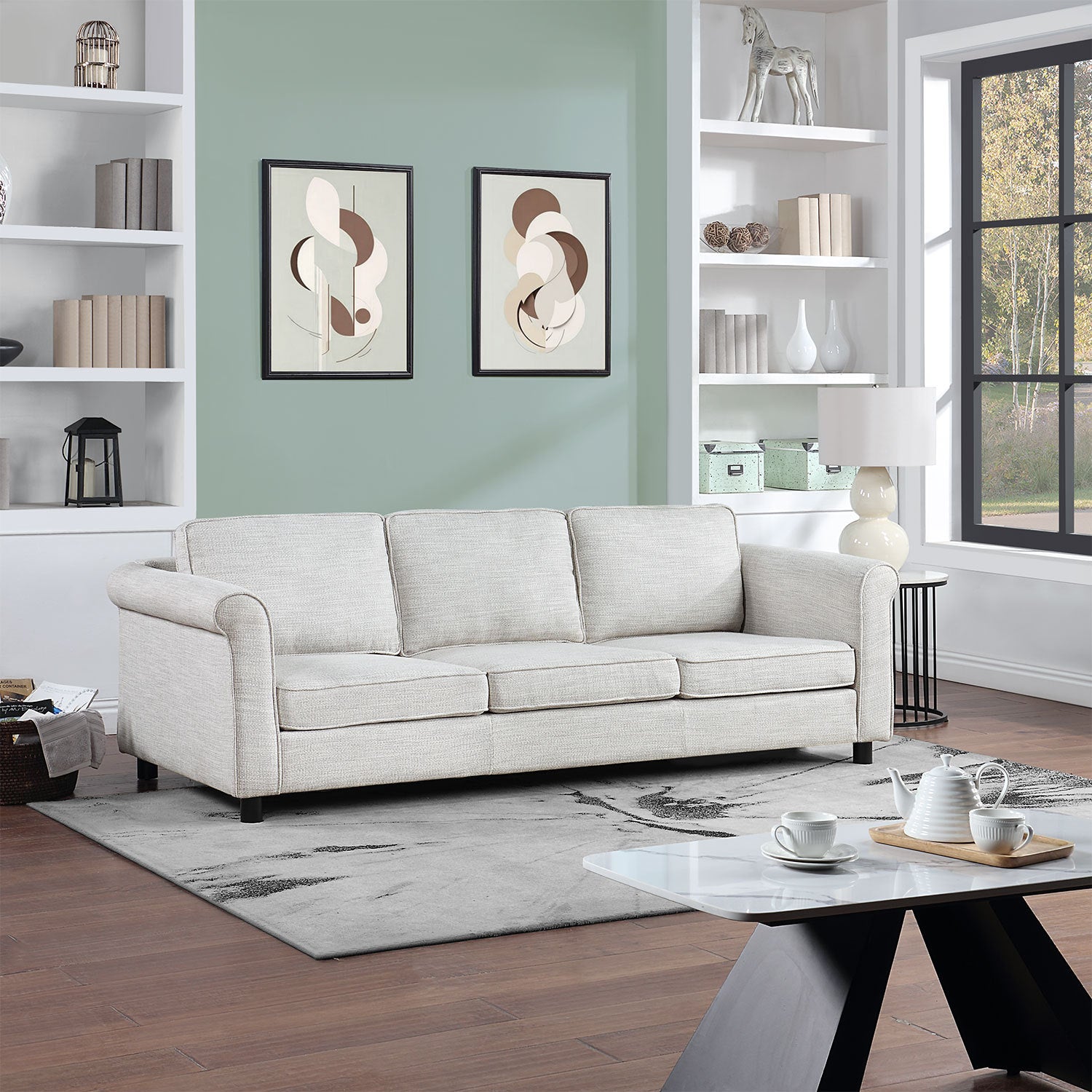 89.37-inch 3-seater upholstered sofa in bishop beige, showcasing its elegant design and fabric upholstery.