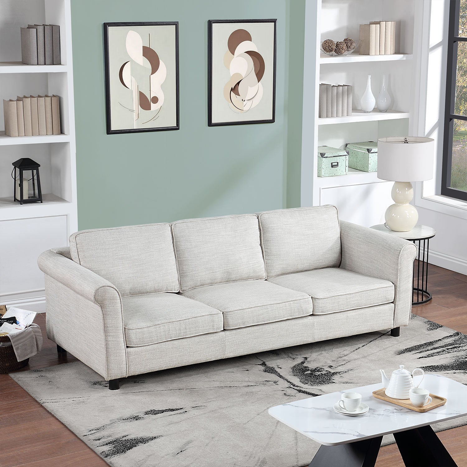 89.37-inch 3-seater upholstered sofa in bishop beige, showcasing its elegant design and fabric upholstery.