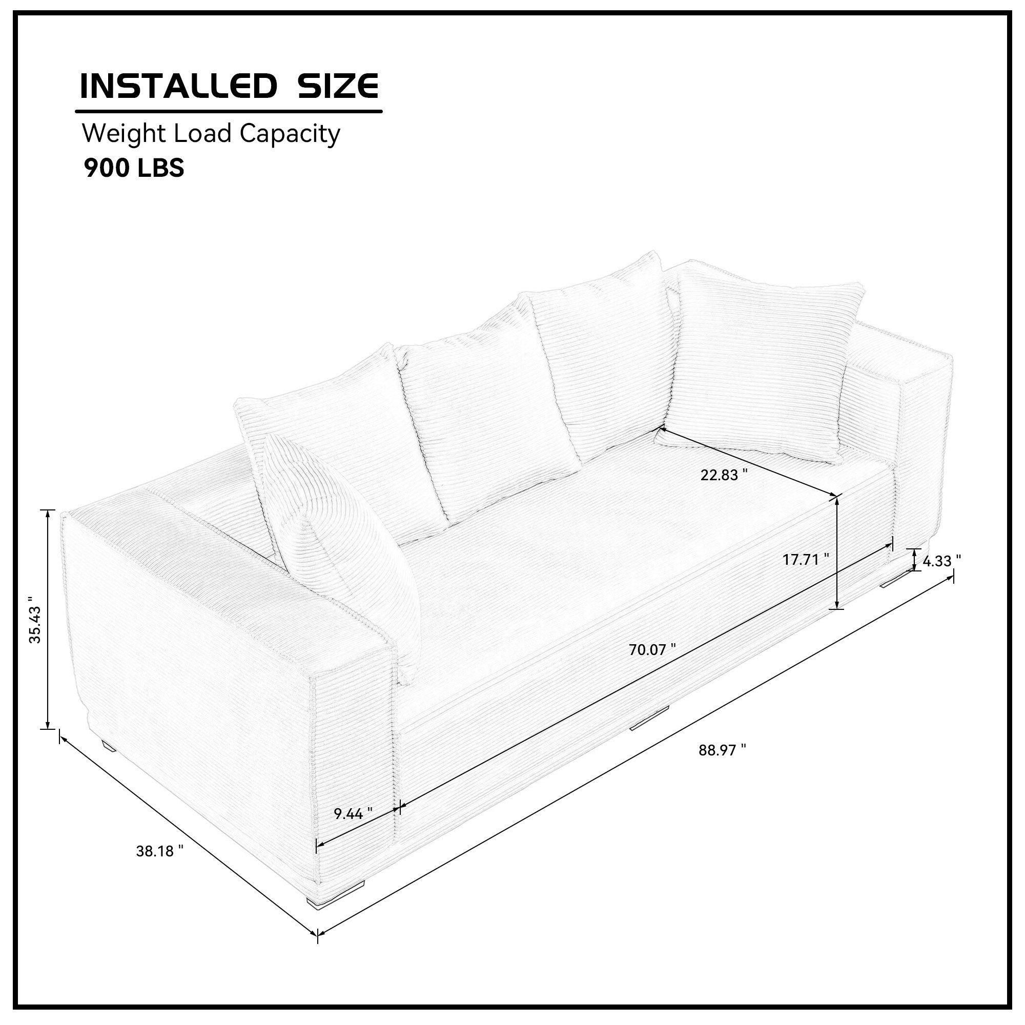 A stylish 88.97'' Mid Century Modern Upholstered Sofa in white corduroy, featuring a sleek design and five matching toss pillows, perfect for modern living rooms.