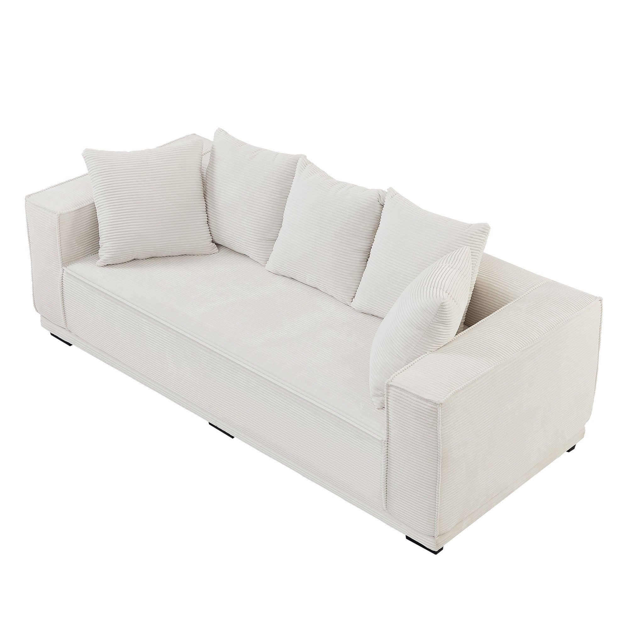 A stylish 88.97'' Mid Century Modern Upholstered Sofa in white corduroy, featuring a sleek design and five matching toss pillows, perfect for modern living rooms.