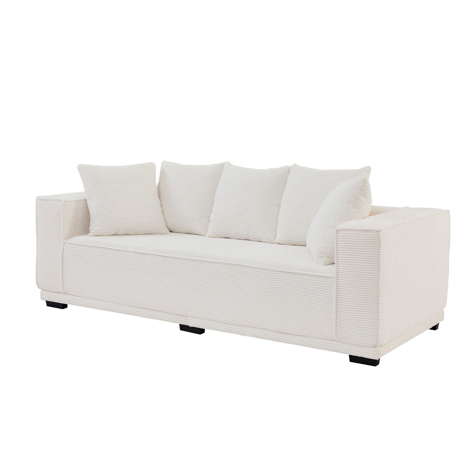 A stylish 88.97'' Mid Century Modern Upholstered Sofa in white corduroy, featuring a sleek design and five matching toss pillows, perfect for modern living rooms.