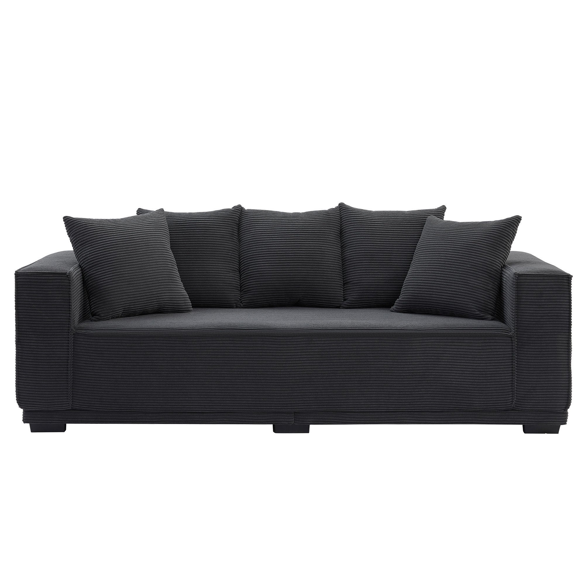 A stylish 88.97'' Mid Century Modern Upholstered Sofa in black corduroy with five matching toss pillows, perfect for contemporary living spaces.