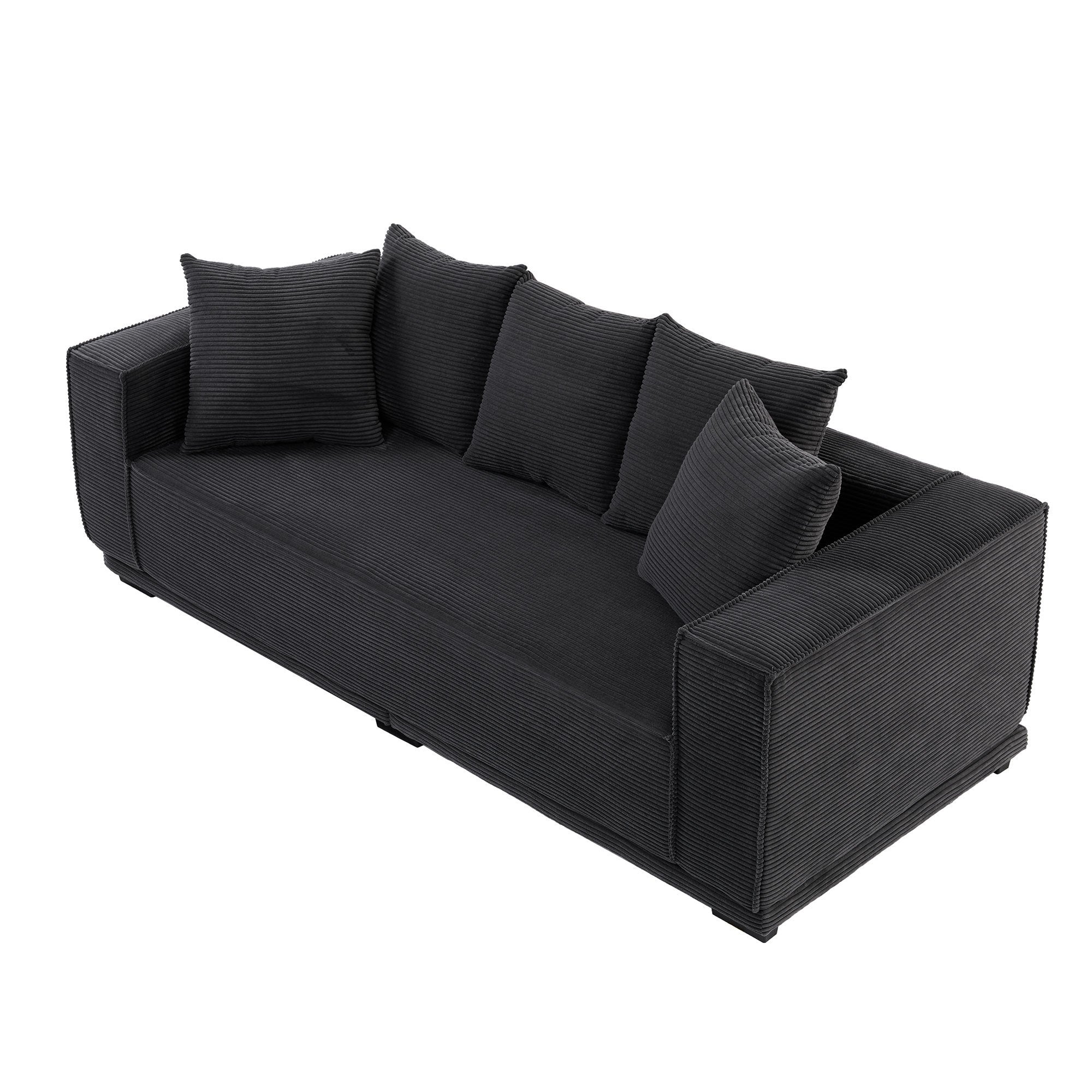 A stylish 88.97'' Mid Century Modern Upholstered Sofa in black corduroy with five matching toss pillows, perfect for contemporary living spaces.