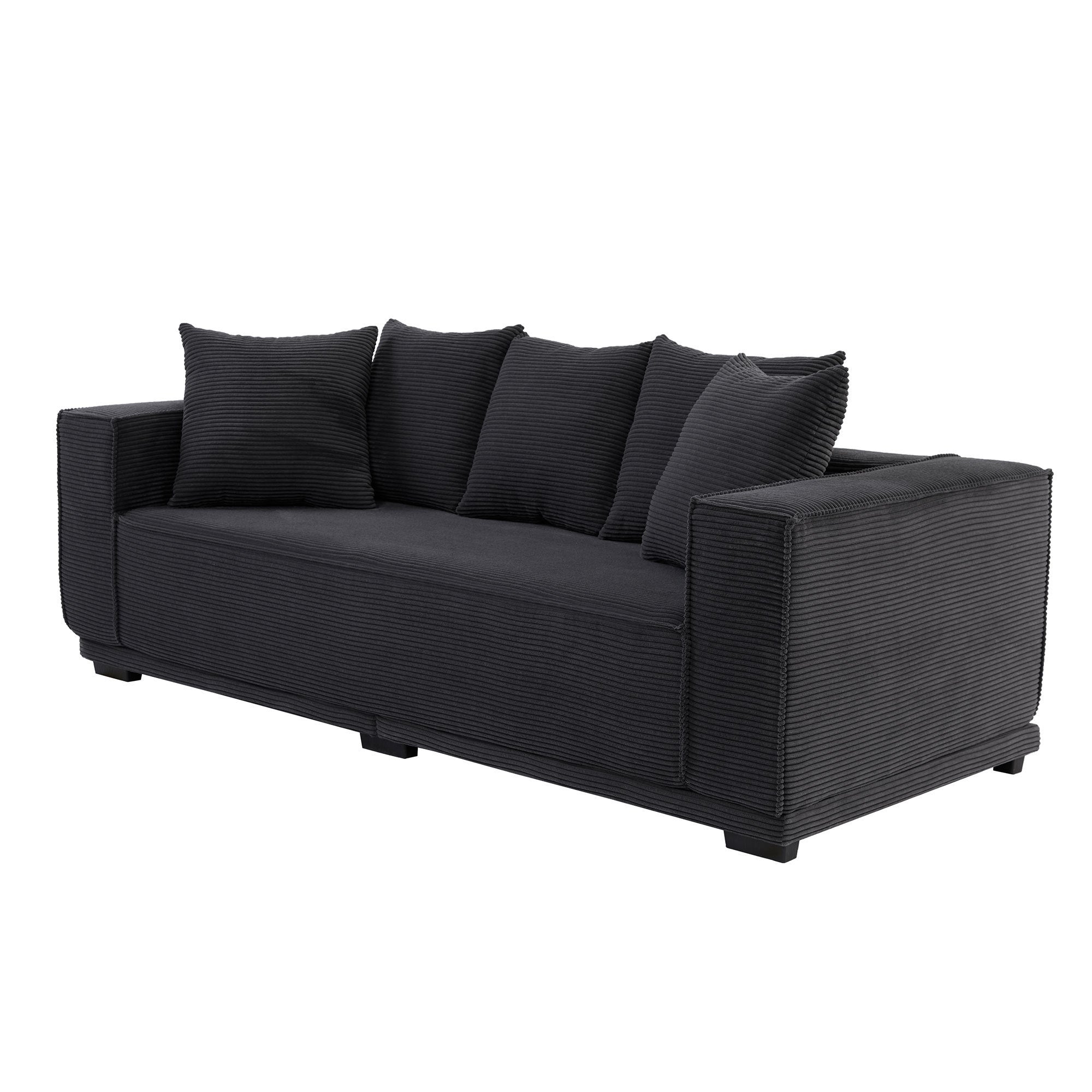 A stylish 88.97'' Mid Century Modern Upholstered Sofa in black corduroy with five matching toss pillows, perfect for contemporary living spaces.