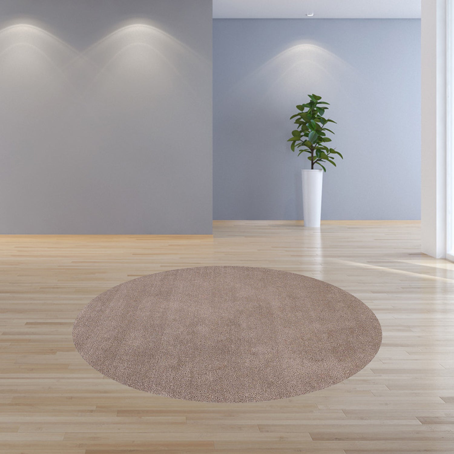 8-inch beige round indoor shag rug with plush texture, perfect for enhancing home decor.