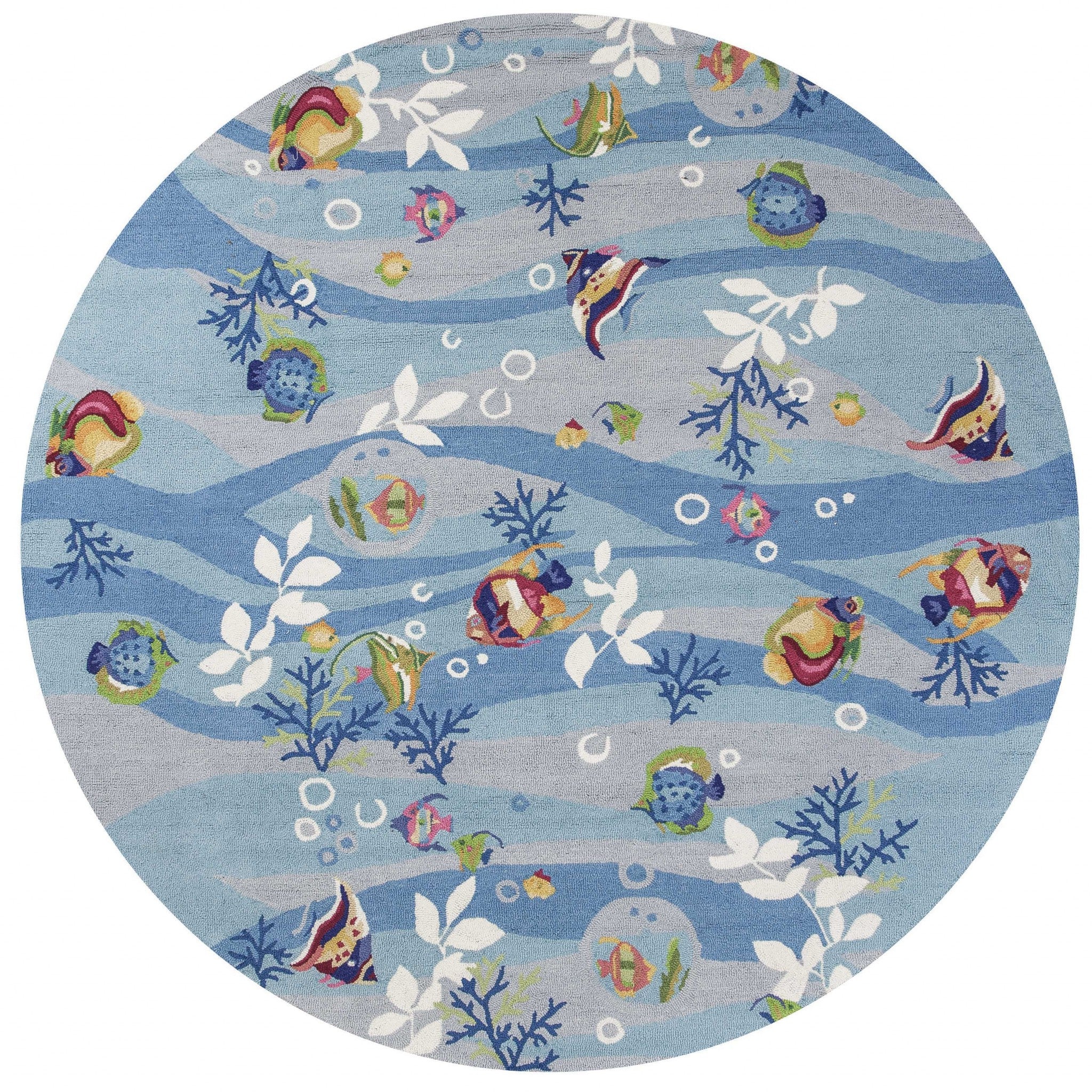 8-inch round indoor area rug featuring a vibrant blue marine life design, hand-hooked from polyester with a cotton backing.