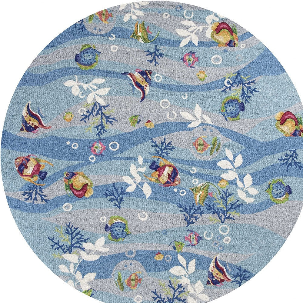 8-inch round indoor area rug featuring a vibrant blue marine life design, hand-hooked from polyester with a cotton backing.