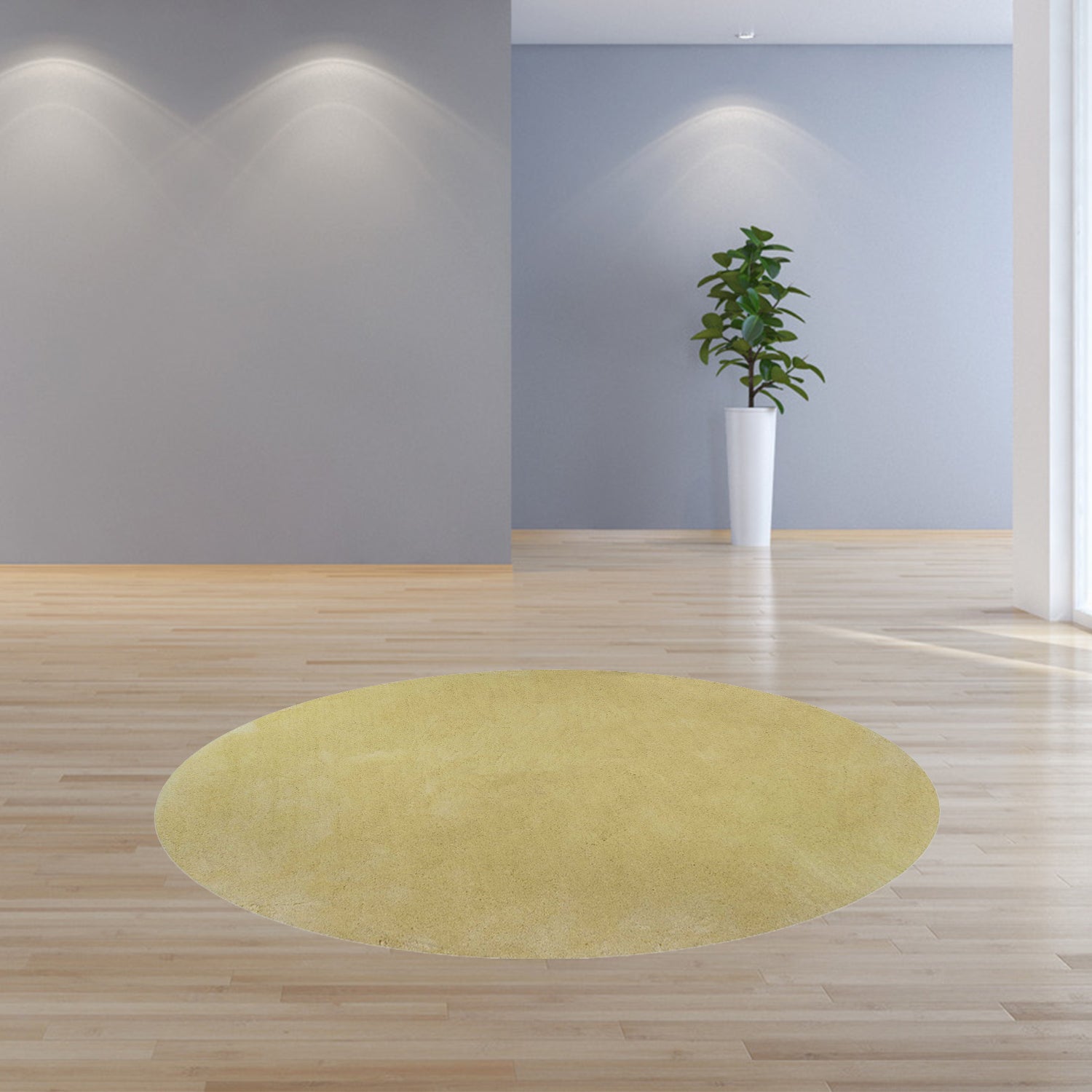 A vibrant 8-inch round canary yellow shag rug, showcasing its soft texture and bright color, perfect for indoor spaces.