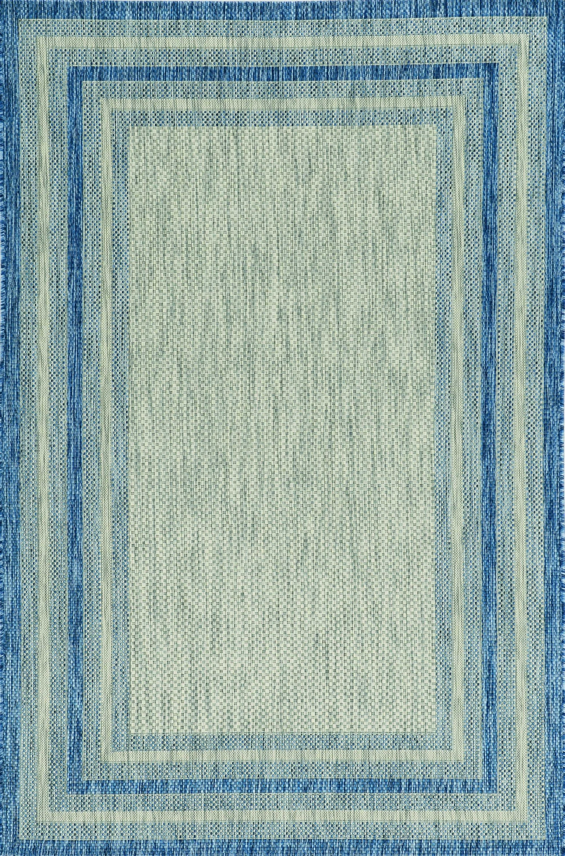 8-inch grey denim machine woven rug, suitable for indoor and outdoor use, featuring a bordered design and UV-treated material.