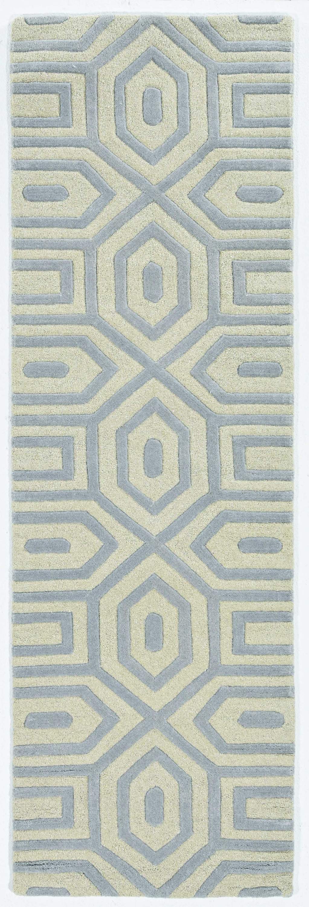 8-inch grey hand tufted geometric indoor runner rug showcasing modern design and high-quality wool texture.