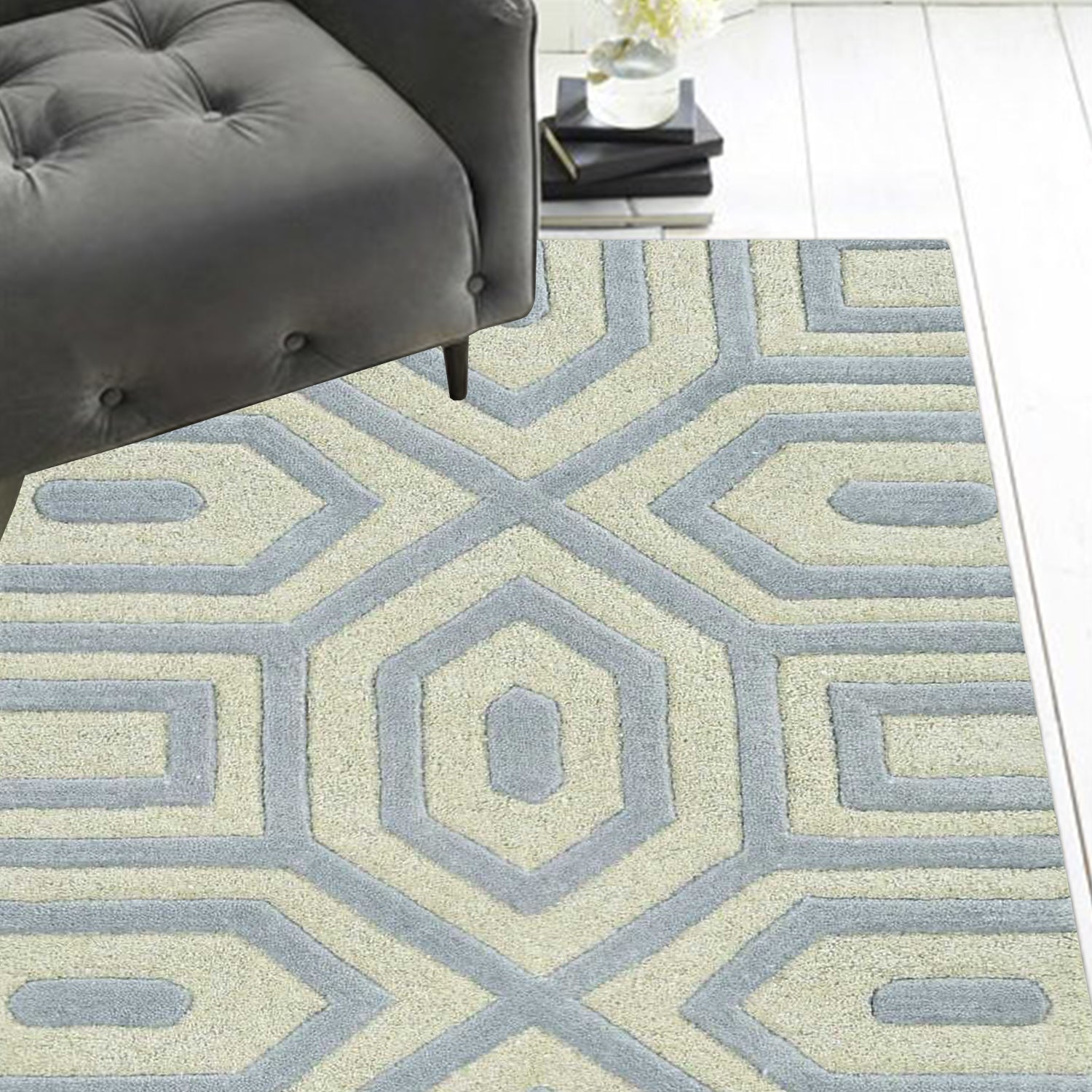 8-inch grey hand tufted geometric indoor runner rug showcasing modern design and high-quality wool texture.