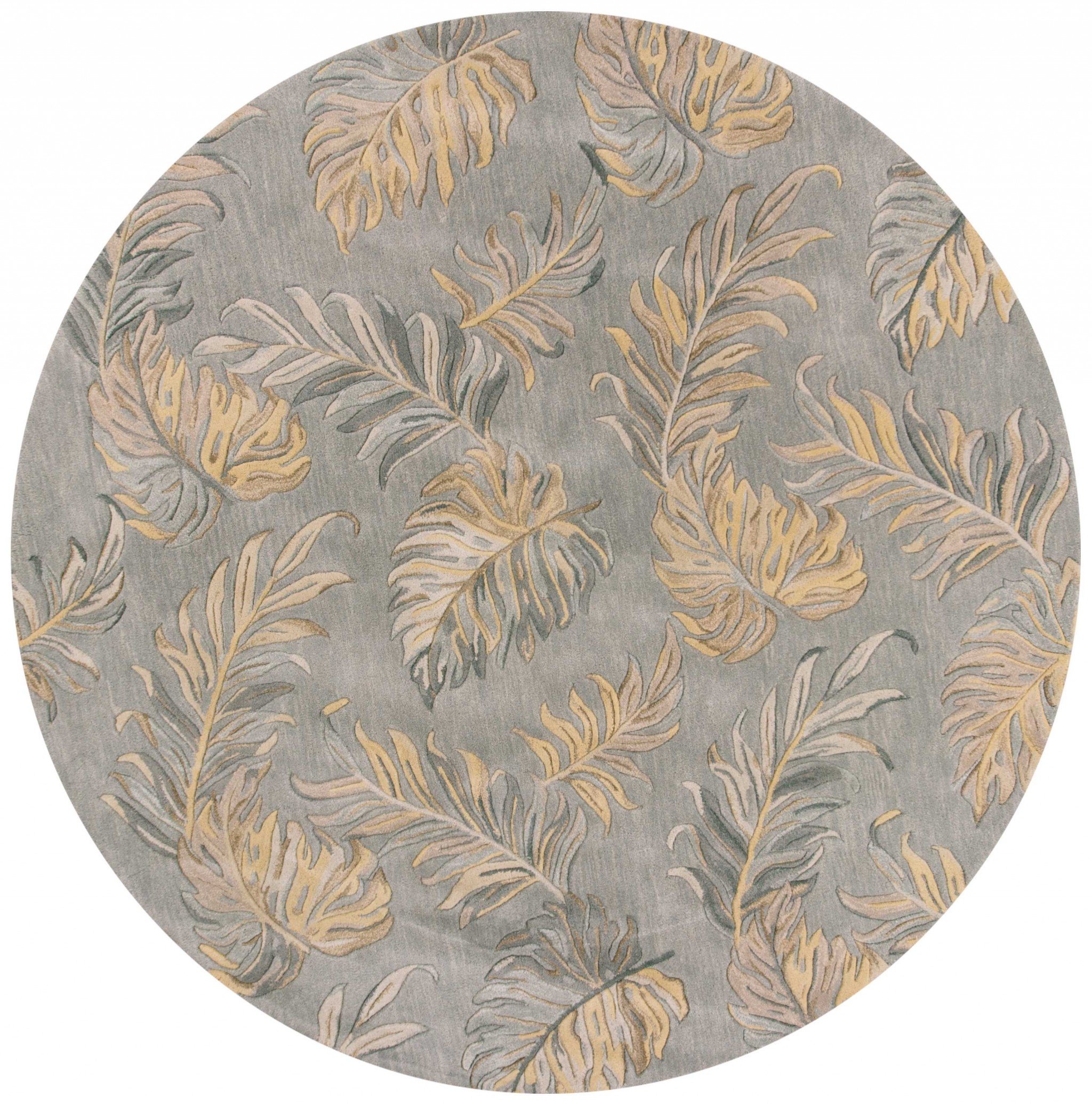 8-inch round indoor area rug featuring grey hand tufted tropical palms design, showcasing elegant texture and modern aesthetic.