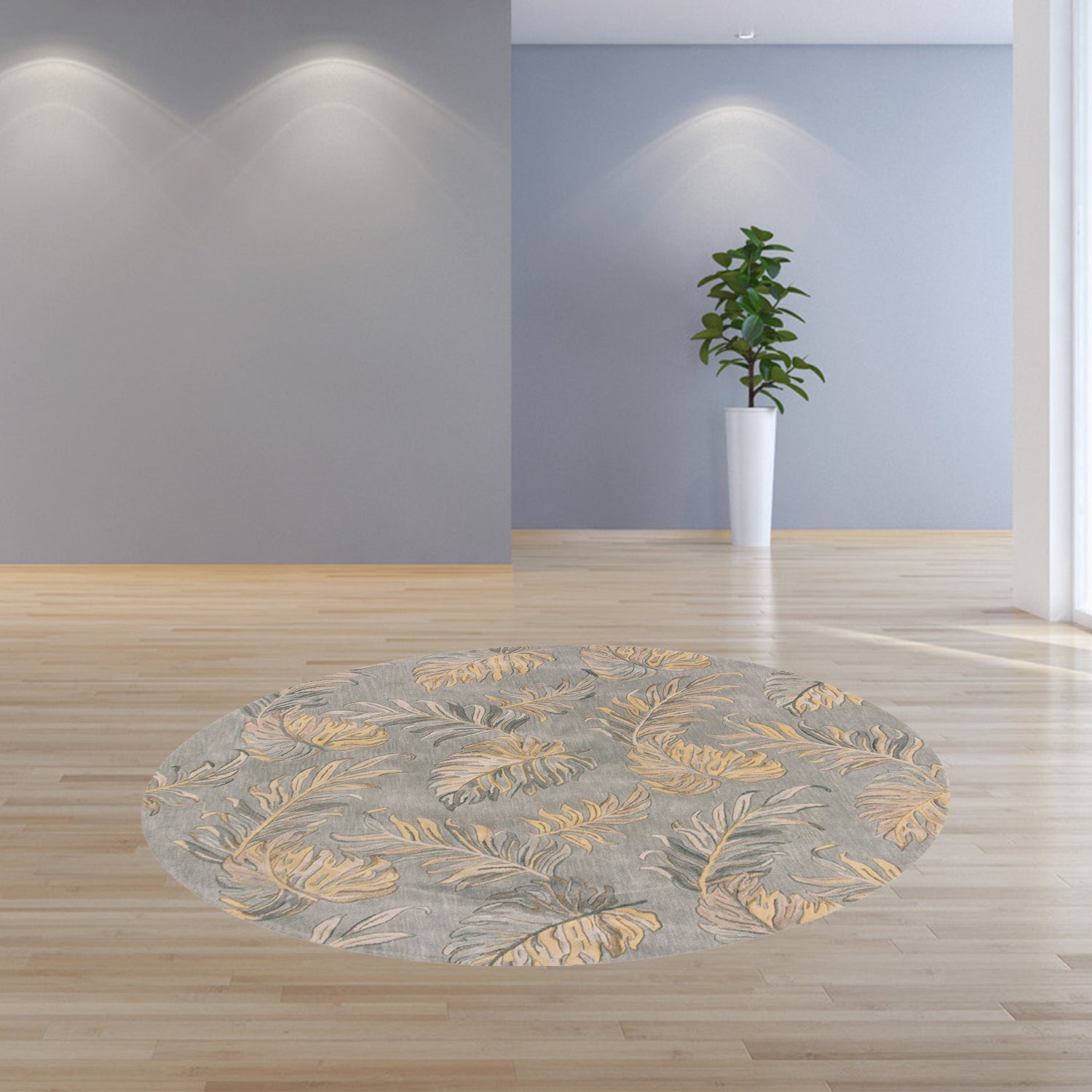 8-inch round indoor area rug featuring grey hand tufted tropical palms design, showcasing elegant texture and modern aesthetic.