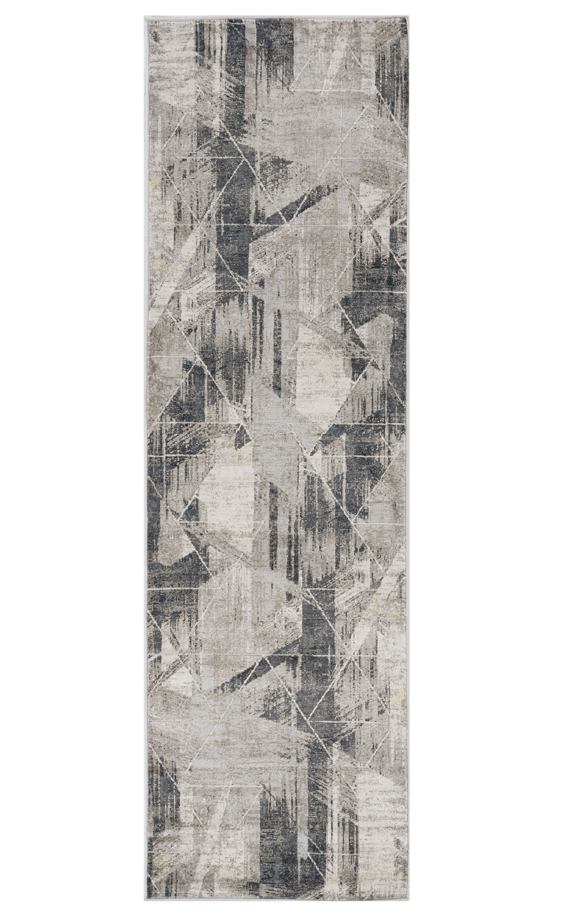 8-inch grey machine woven abstract geometric indoor runner rug with metallic accents, showcasing a contemporary design.