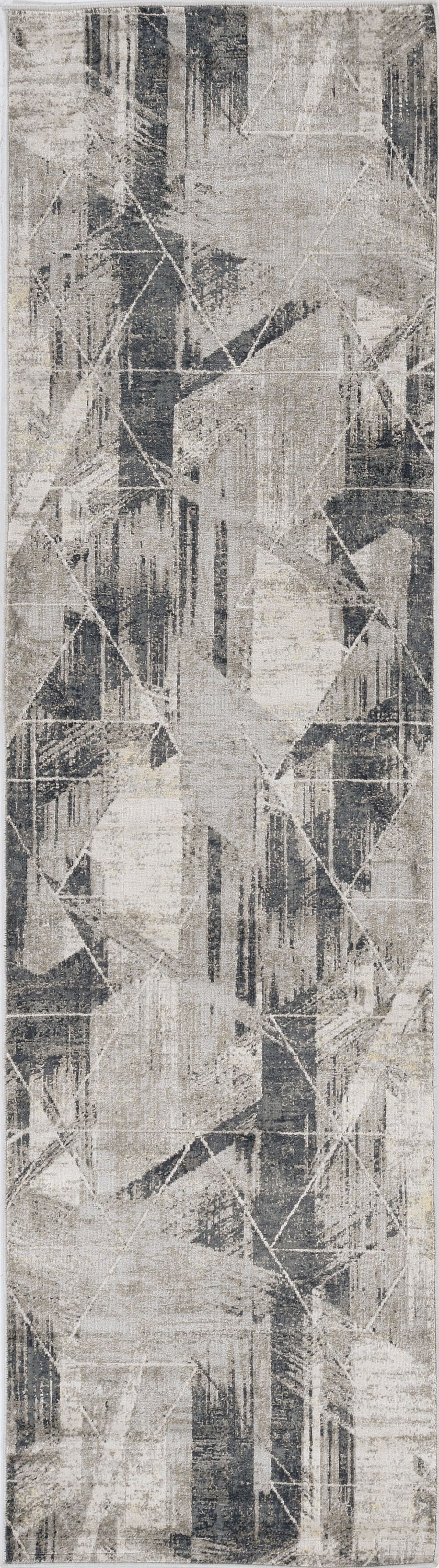 8-inch grey machine woven abstract geometric indoor runner rug with metallic accents, showcasing a contemporary design.