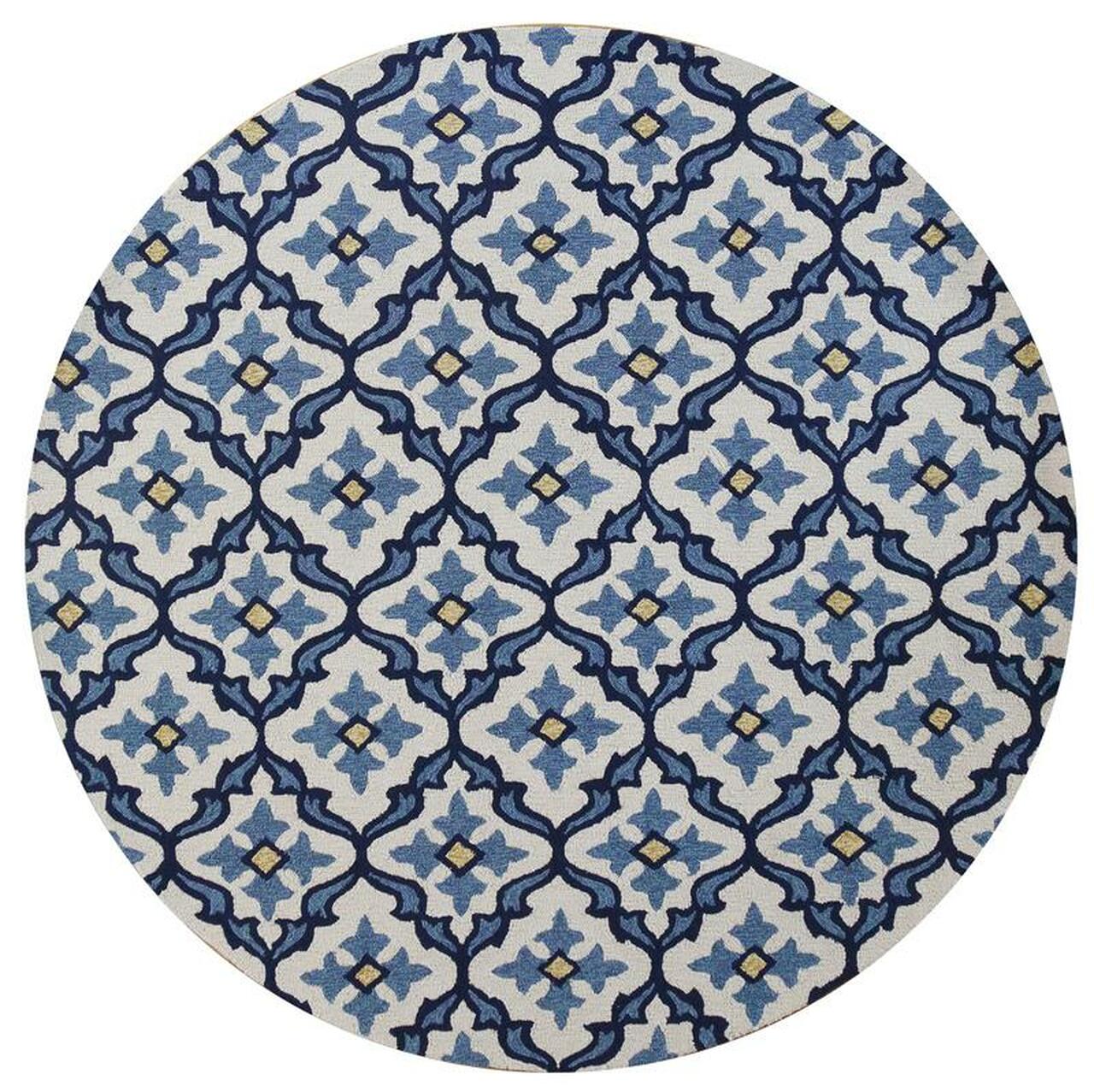 8-inch round ivory blue hand hooked rug designed for indoor and outdoor use, featuring a coastal reef pattern.