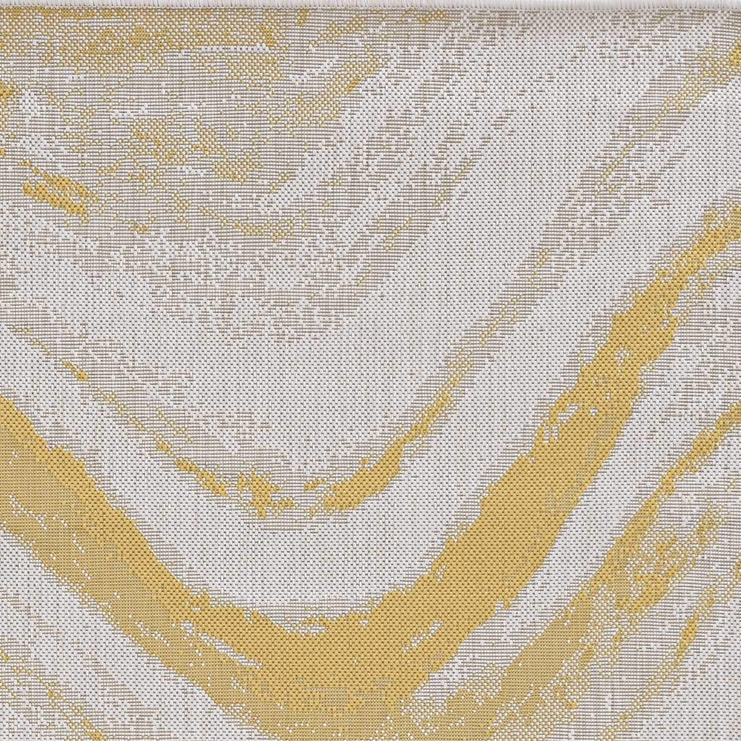 8-inch round indoor outdoor rug featuring ivory and gold abstract waves design, perfect for enhancing home decor.