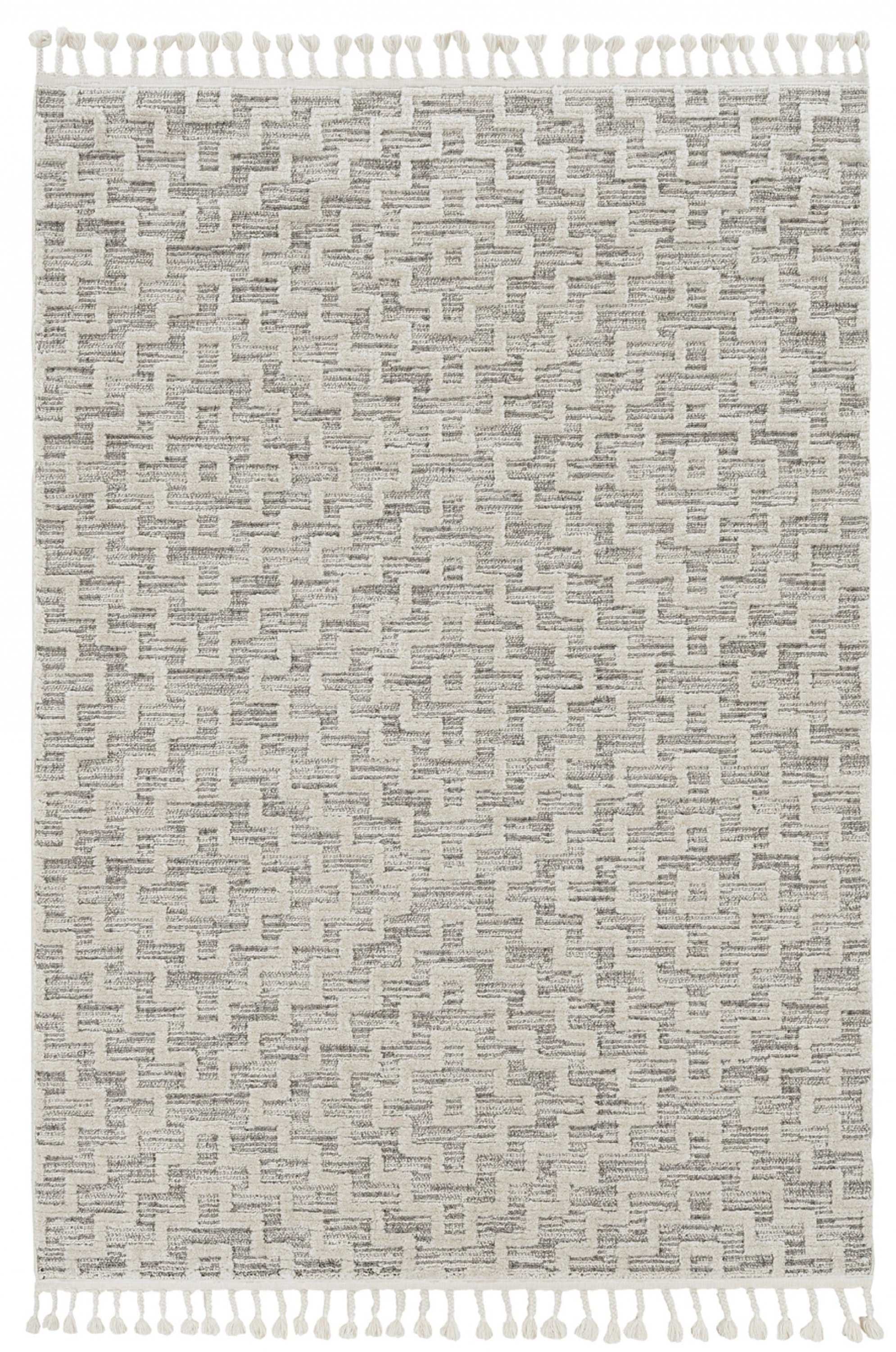 8-inch ivory grey machine woven geometric indoor runner rug with fringe detailing, showcasing a contemporary design.