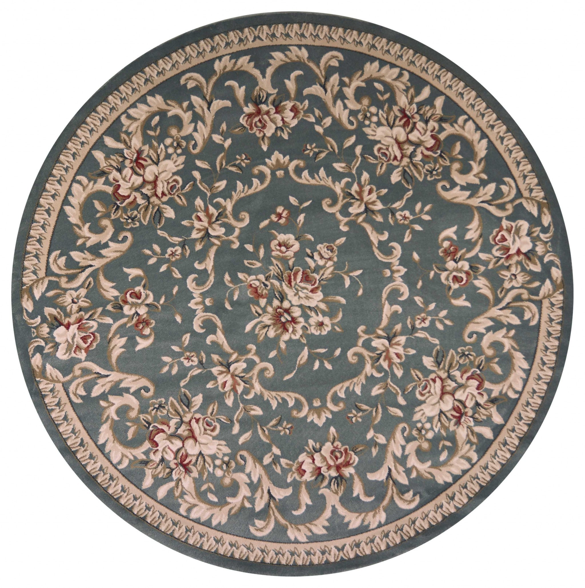 8-inch round slate blue floral vine bordered indoor area rug, showcasing intricate floral patterns and a modern design.