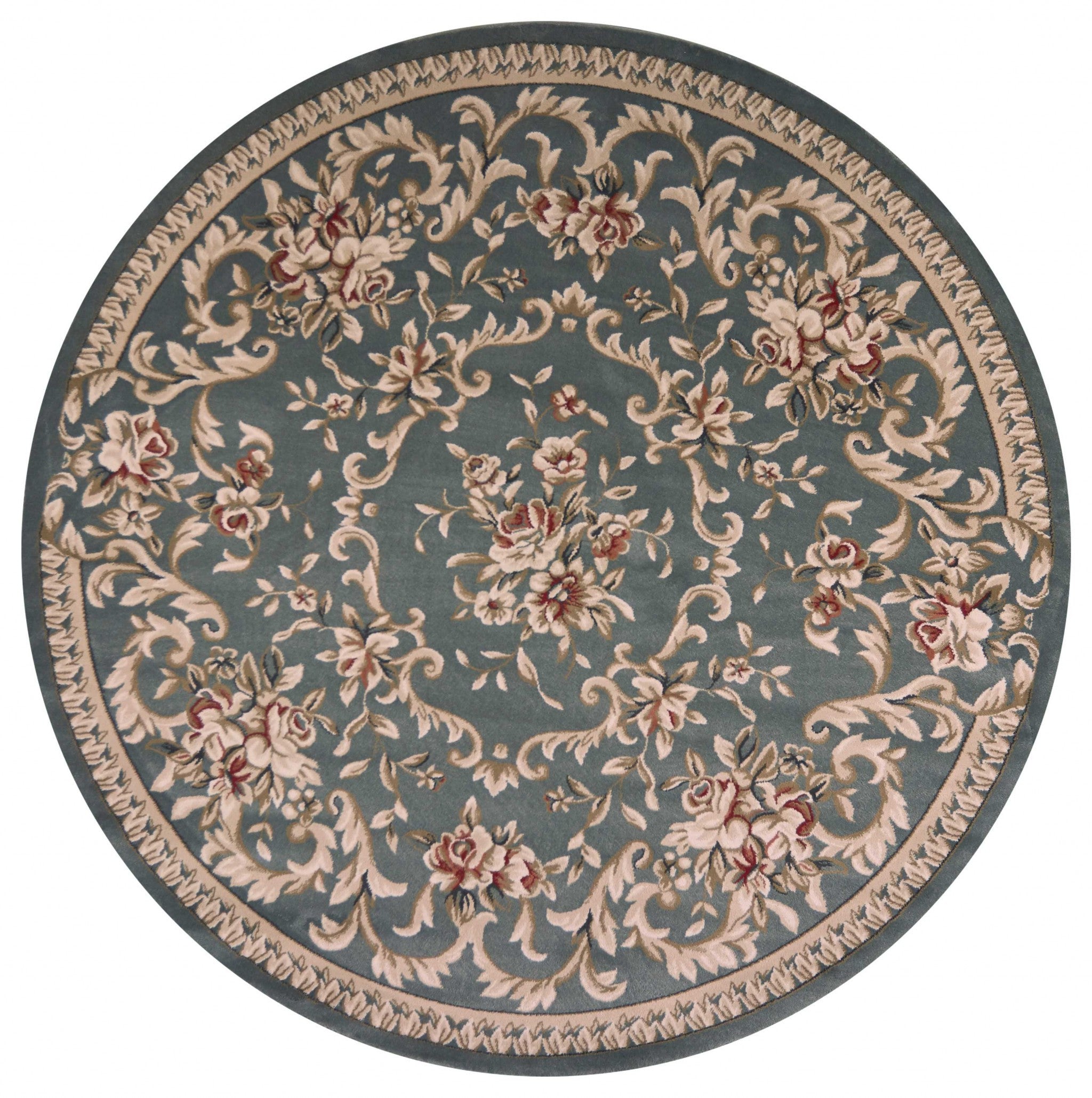 8-inch round slate blue floral vine bordered indoor area rug, showcasing intricate floral patterns and a modern design.