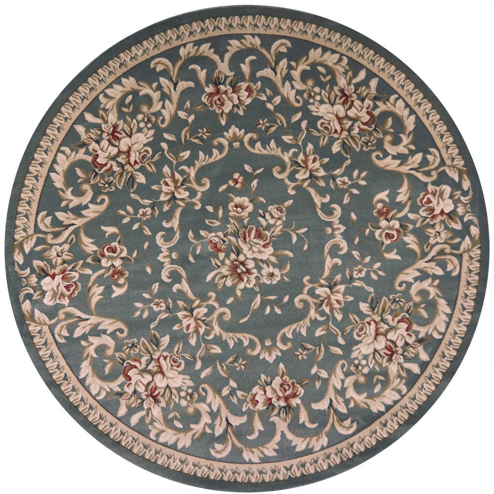 8-inch round slate blue floral vine bordered indoor area rug, showcasing intricate floral patterns and a modern design.