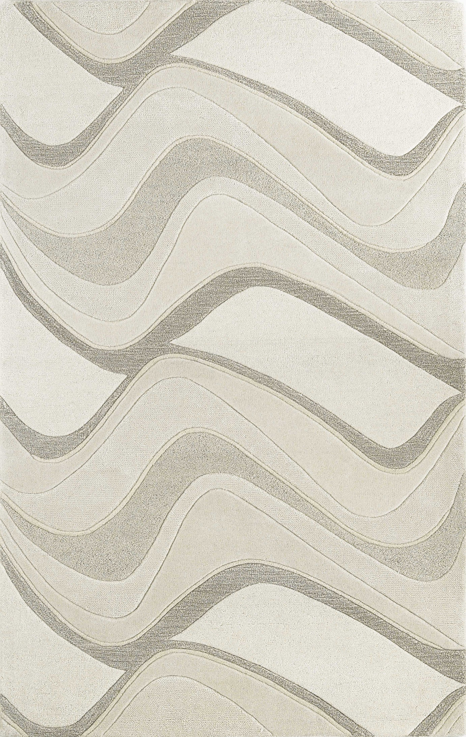 A luxurious 8x10 inches ivory wool area rug featuring elegant wave patterns, perfect for contemporary home decor.