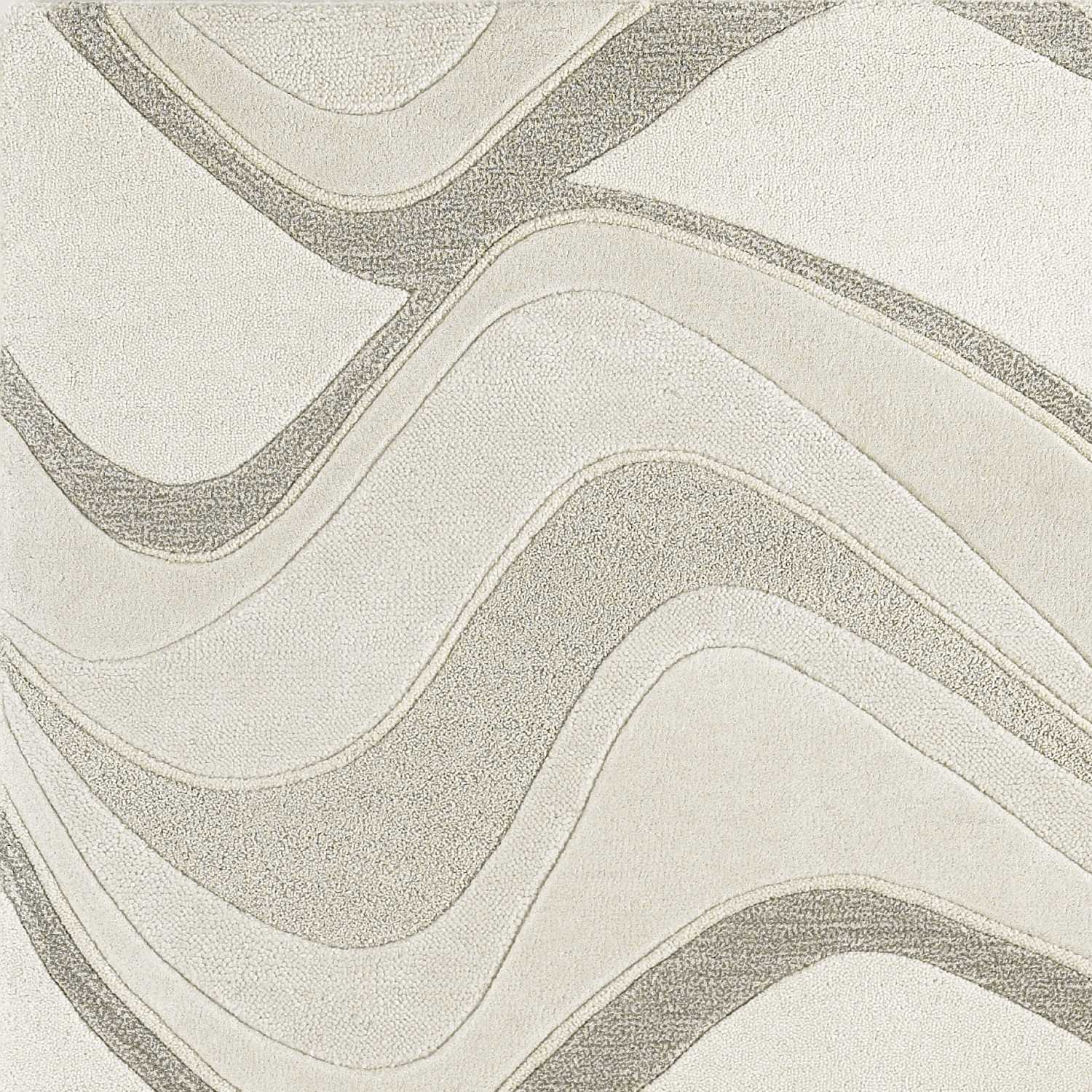 A luxurious 8x10 inches ivory wool area rug featuring elegant wave patterns, perfect for contemporary home decor.