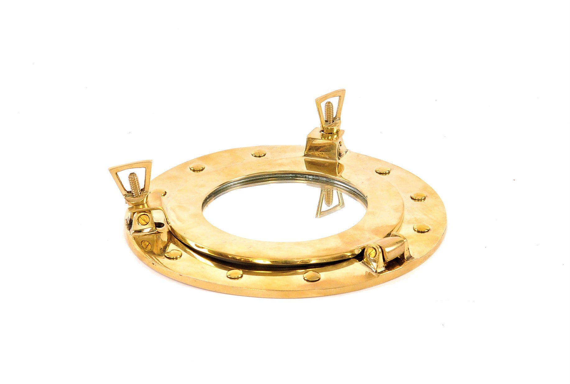 8x9.5 inch Porthole Mirror with solid brass frame and hinged design, perfect for nautical-themed decor.