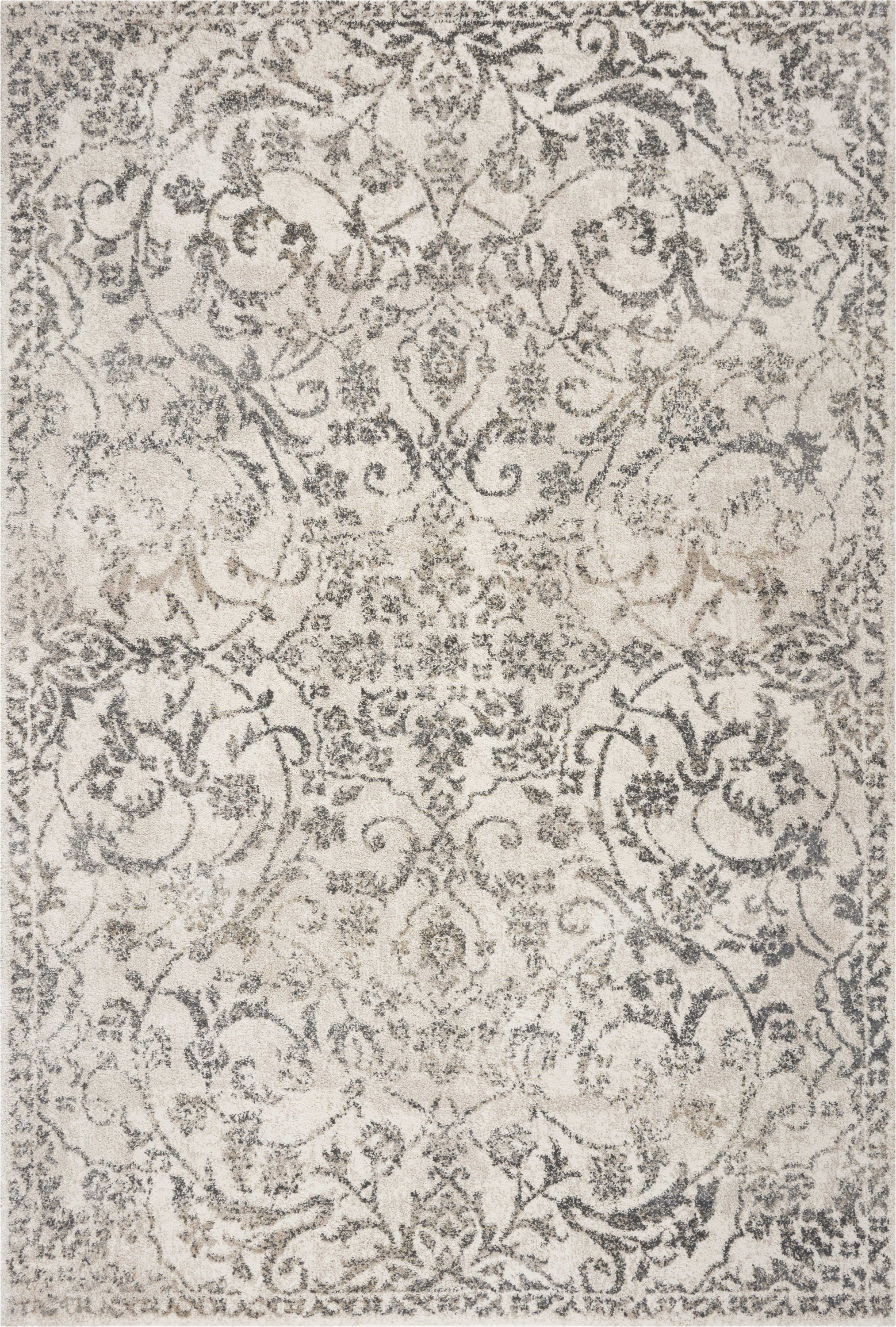 8x10 inches ivory machine woven rug featuring distressed floral vines design, perfect for indoor spaces.