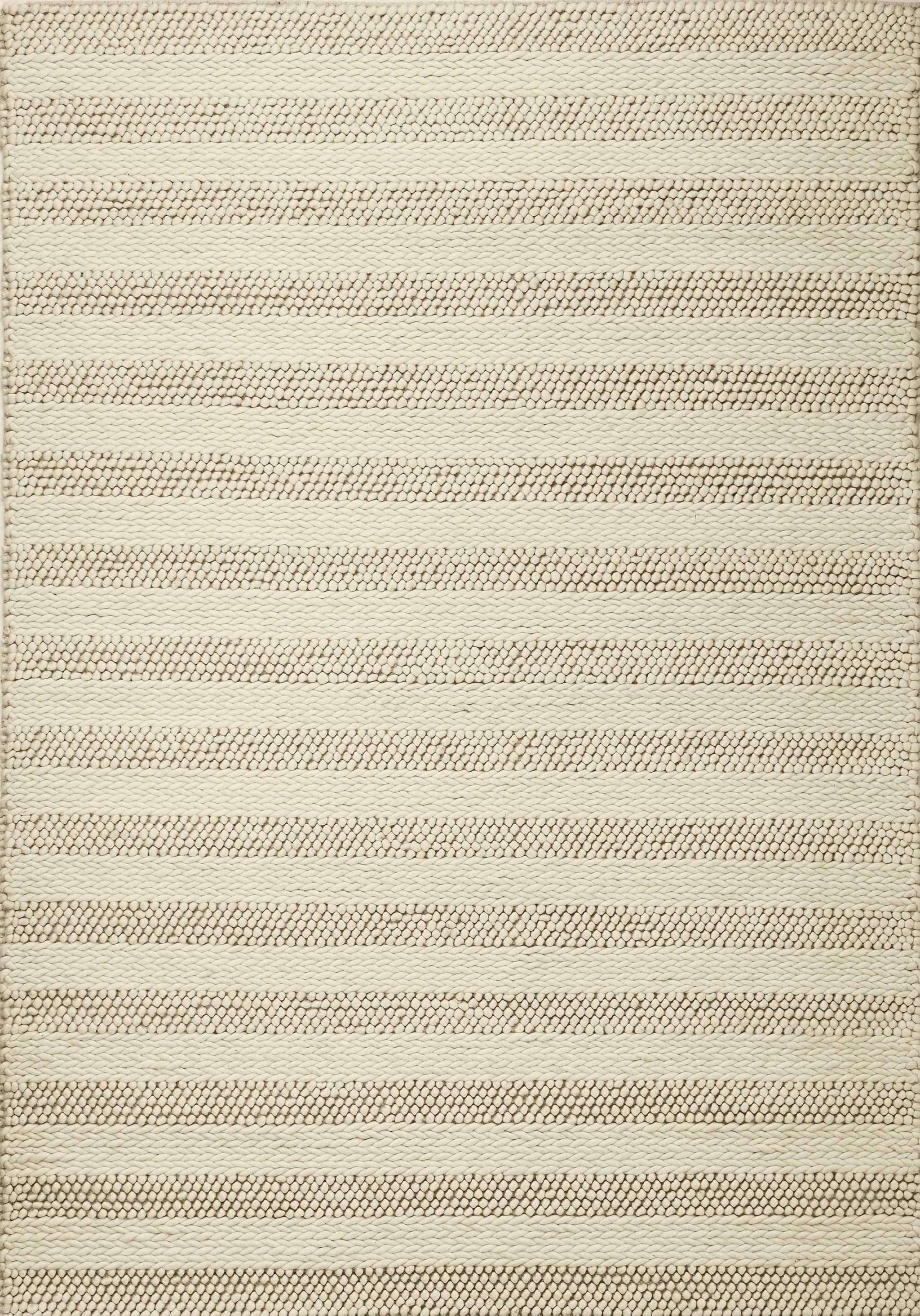 A luxurious 8x10 inches white ivory hand woven knobby rug featuring a Cornish stripe pattern, perfect for indoor decor.