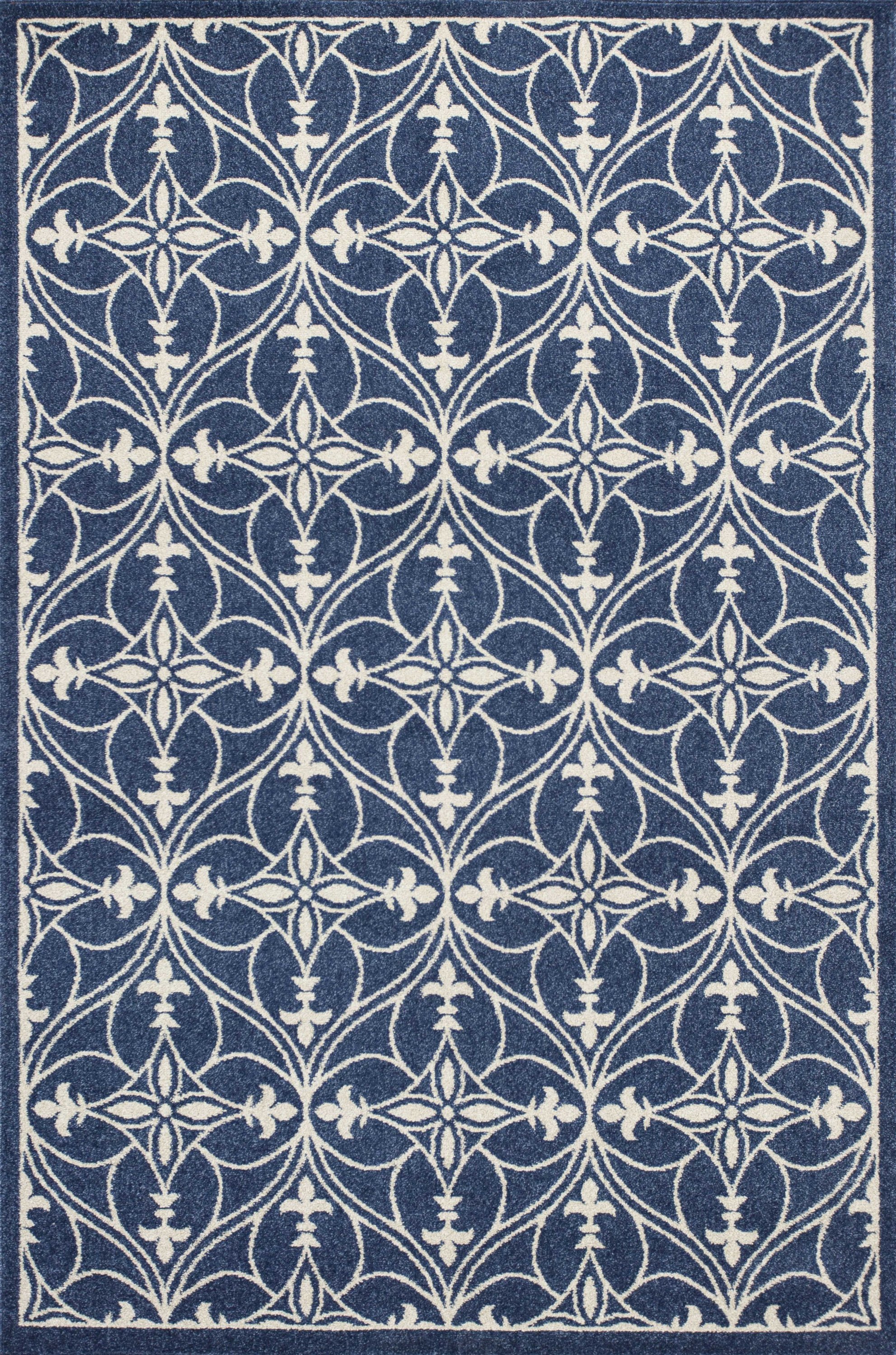 Denim blue machine woven ogee indoor rug showcasing intricate patterns and high-quality craftsmanship, perfect for modern home decor.