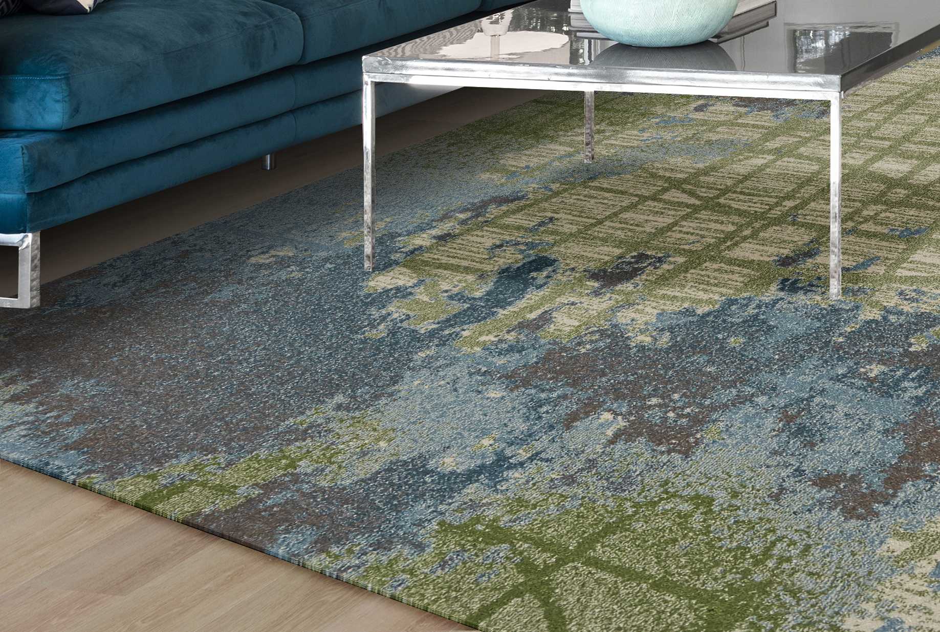 A vibrant green and blue abstract indoor area rug, machine woven, showcasing watercolor designs, perfect for contemporary home decor.