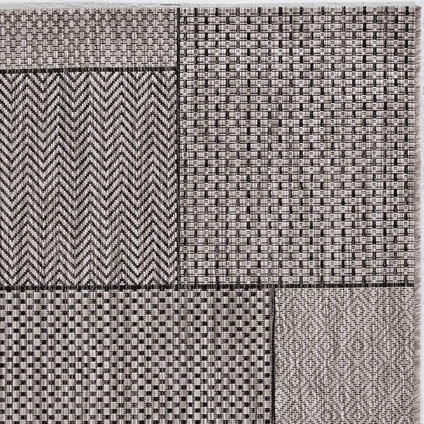 8x11 grey machine woven UV treated geometric indoor/outdoor rug with modern patterns and low pile height.