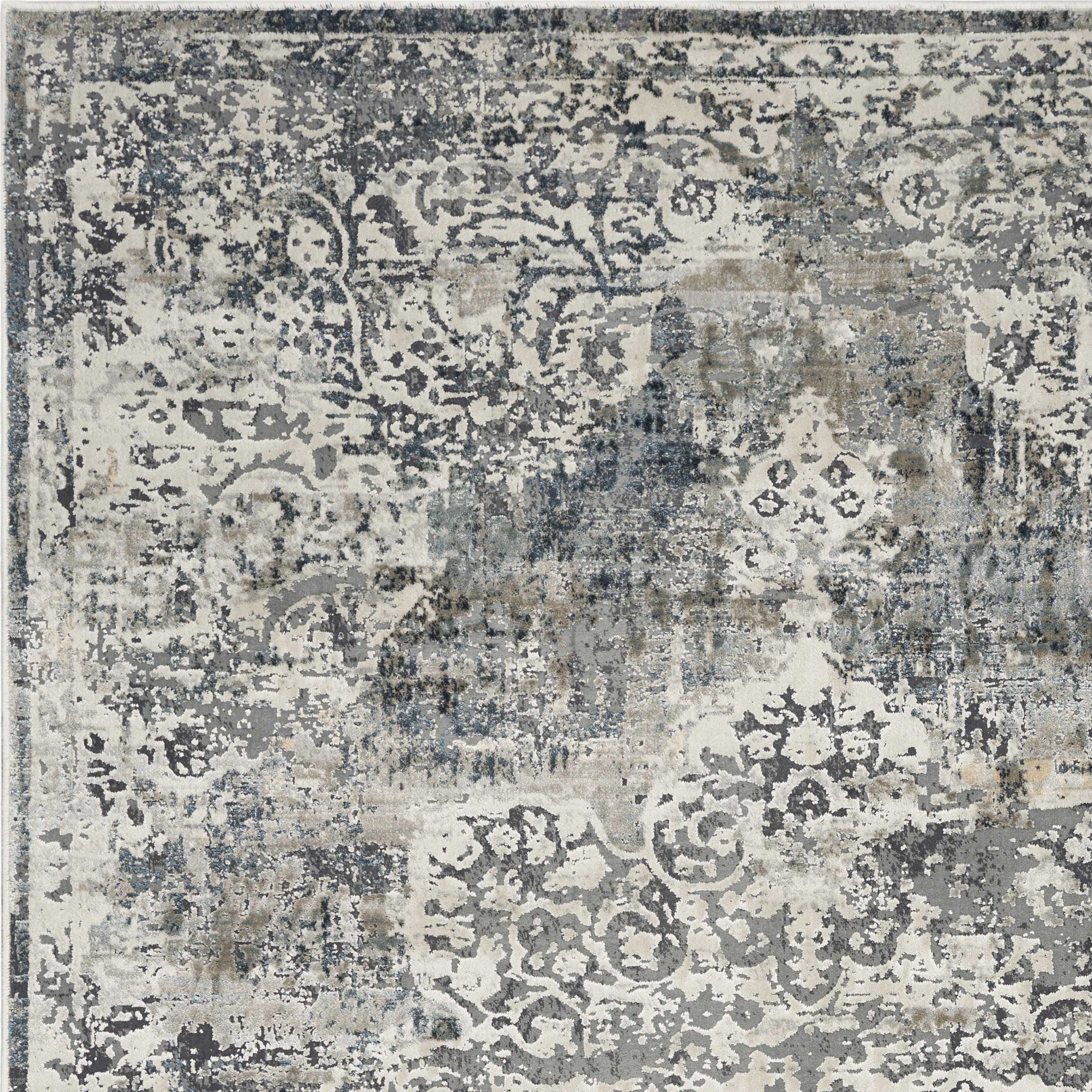 8 inches x 11 inches ivory machine woven rug featuring a distressed diamond floral pattern, perfect for contemporary home decor.