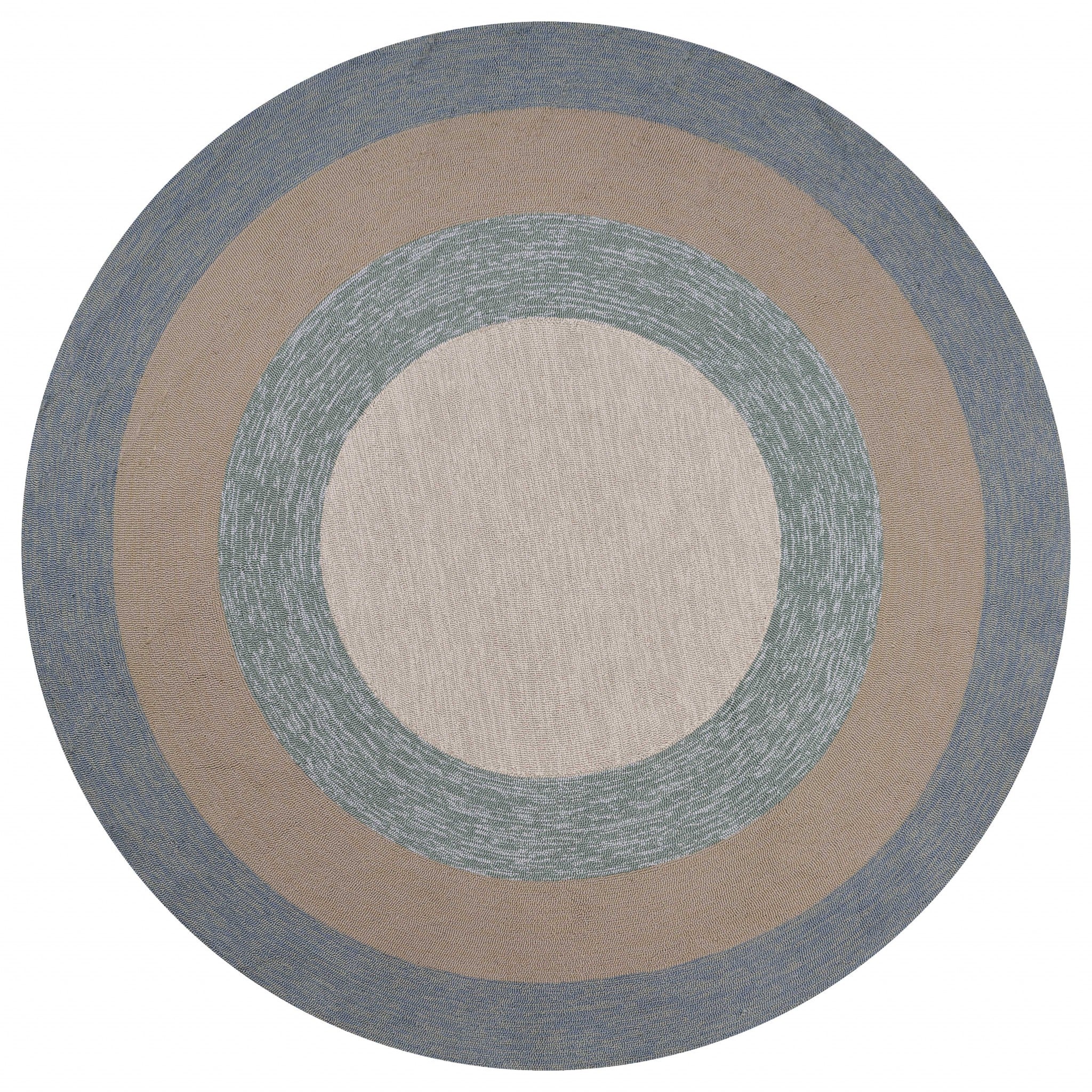 8x11 Spa Blue Beige Hand Hooked UV Treated Bordered Indoor/Outdoor Rug with a coastal design, perfect for enhancing indoor and outdoor spaces.