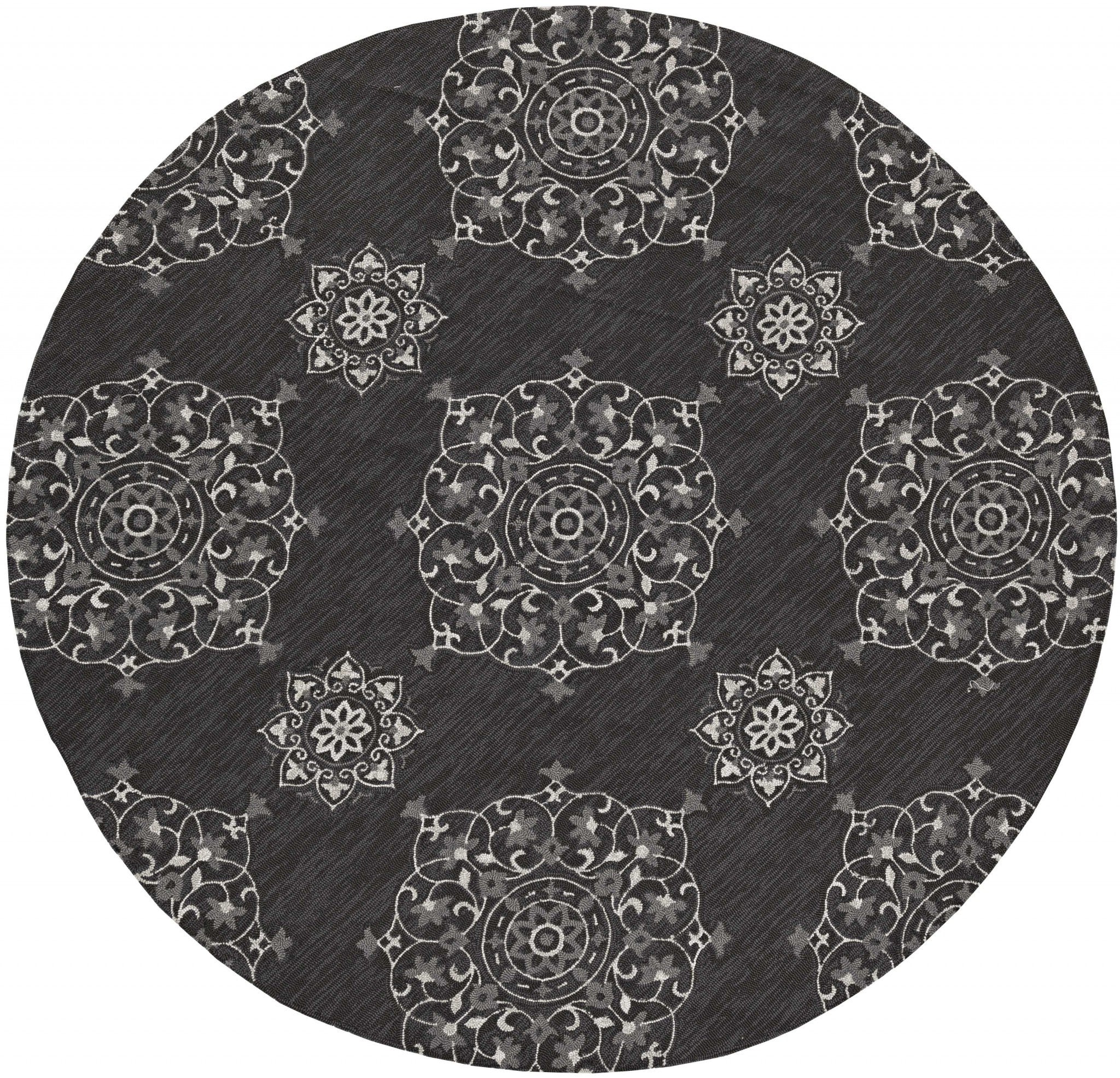 90 X 114 Charcoal Polypropylene Rug, hand-hooked, stylish design for indoor and outdoor use, durable and easy to clean.