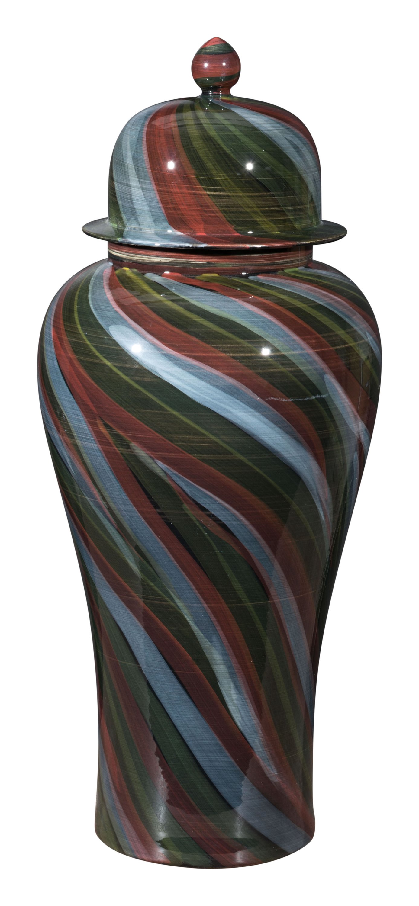 A large multicolor ceramic jar with swirls of rich colors, perfect for home decor.