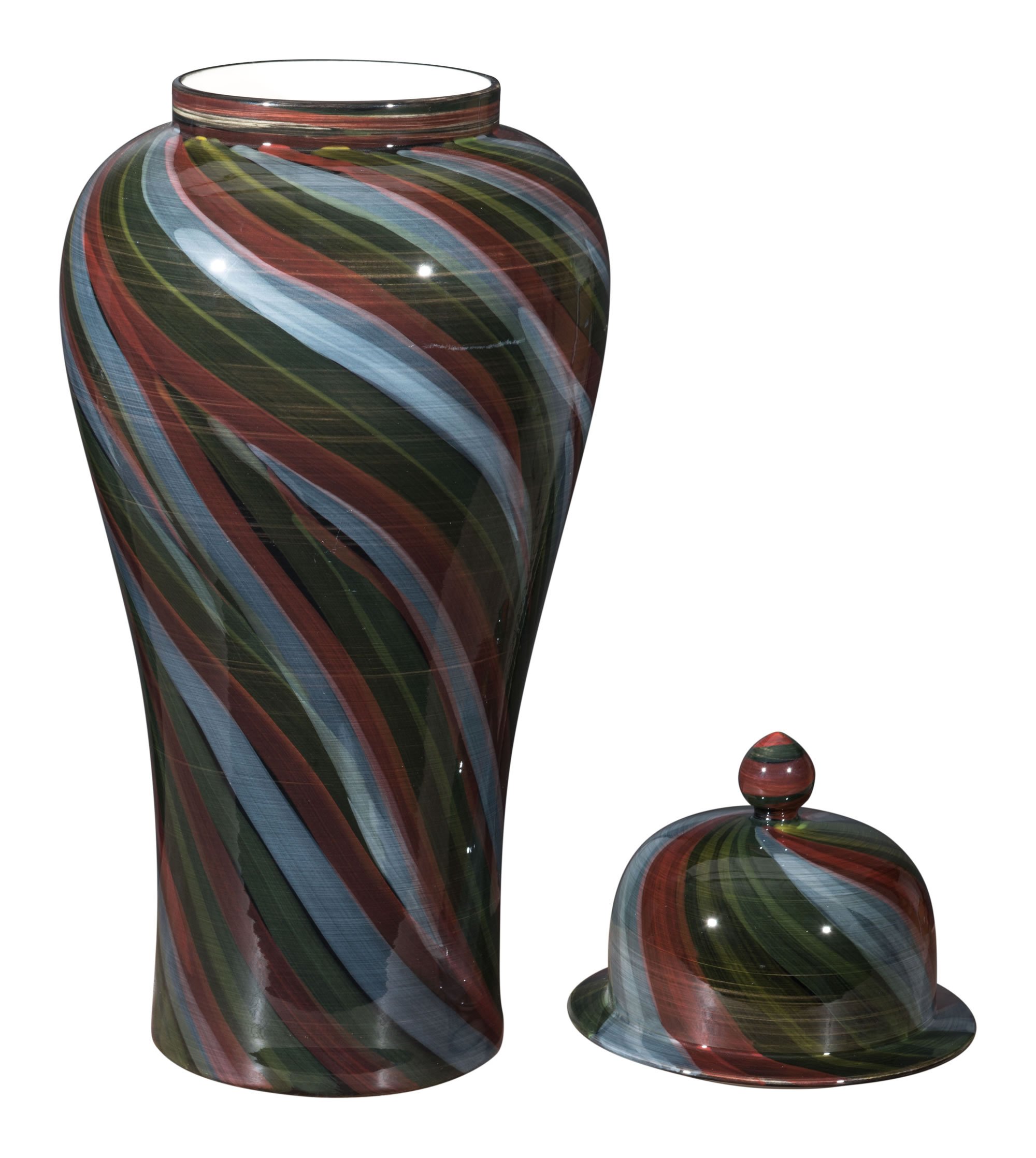 A large multicolor ceramic jar with swirls of rich colors, perfect for home decor.