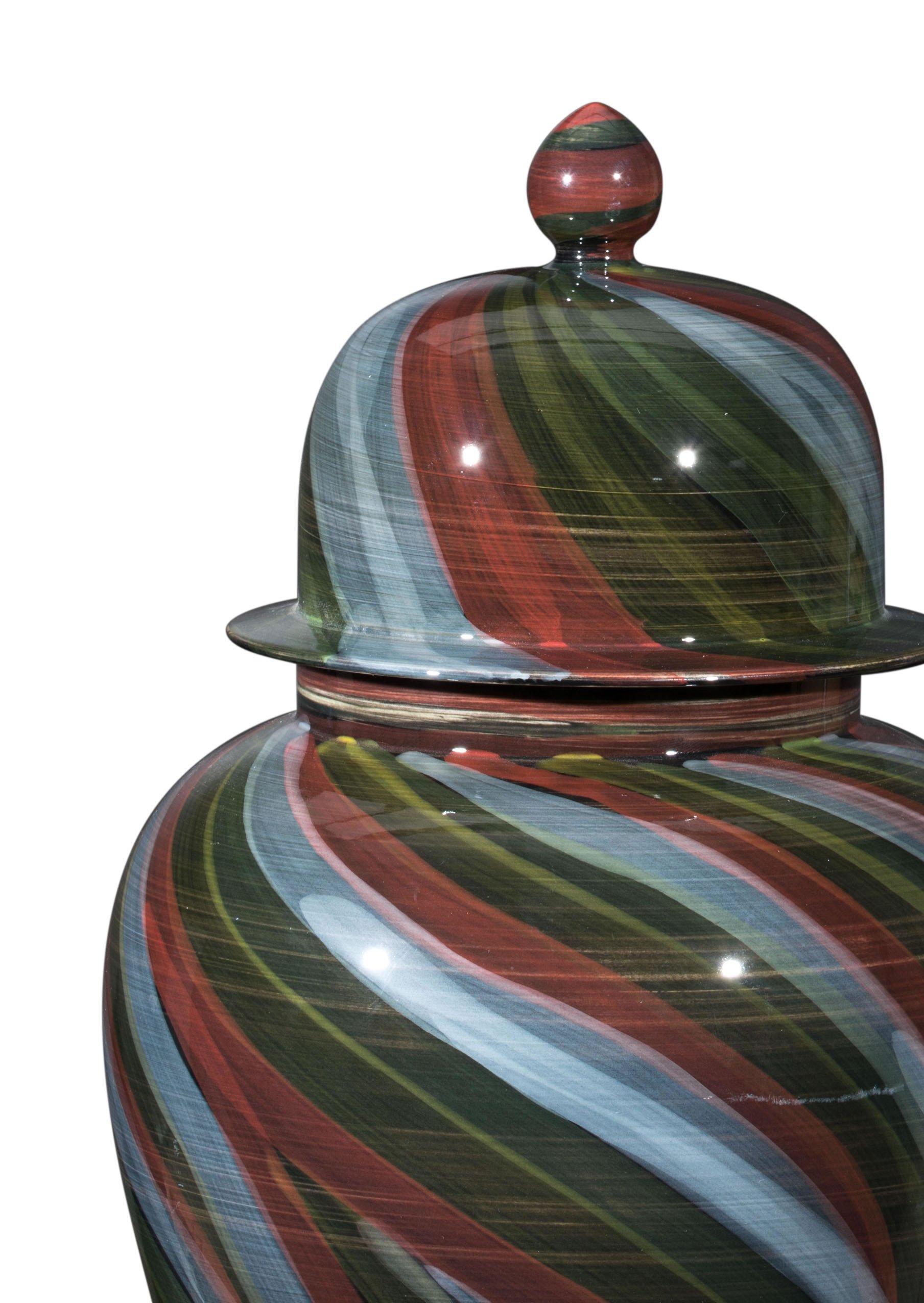 A large multicolor ceramic jar with swirls of rich colors, perfect for home decor.