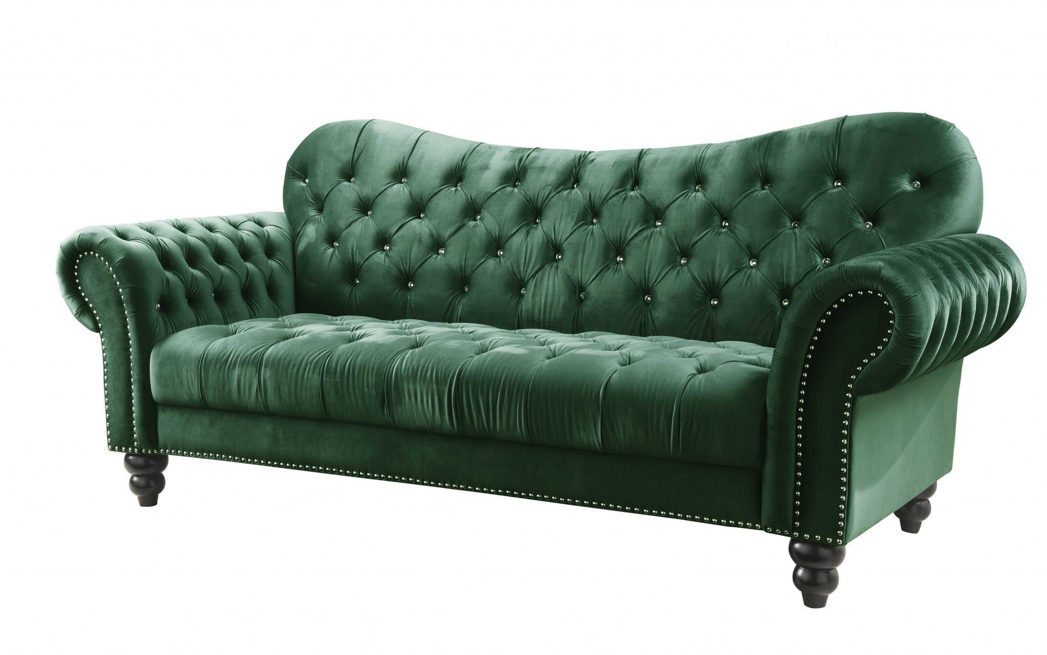 A luxurious green velvet sofa measuring 91x37x39 inches, featuring button tufting and chrome finish metal legs, perfect for stylish living rooms.