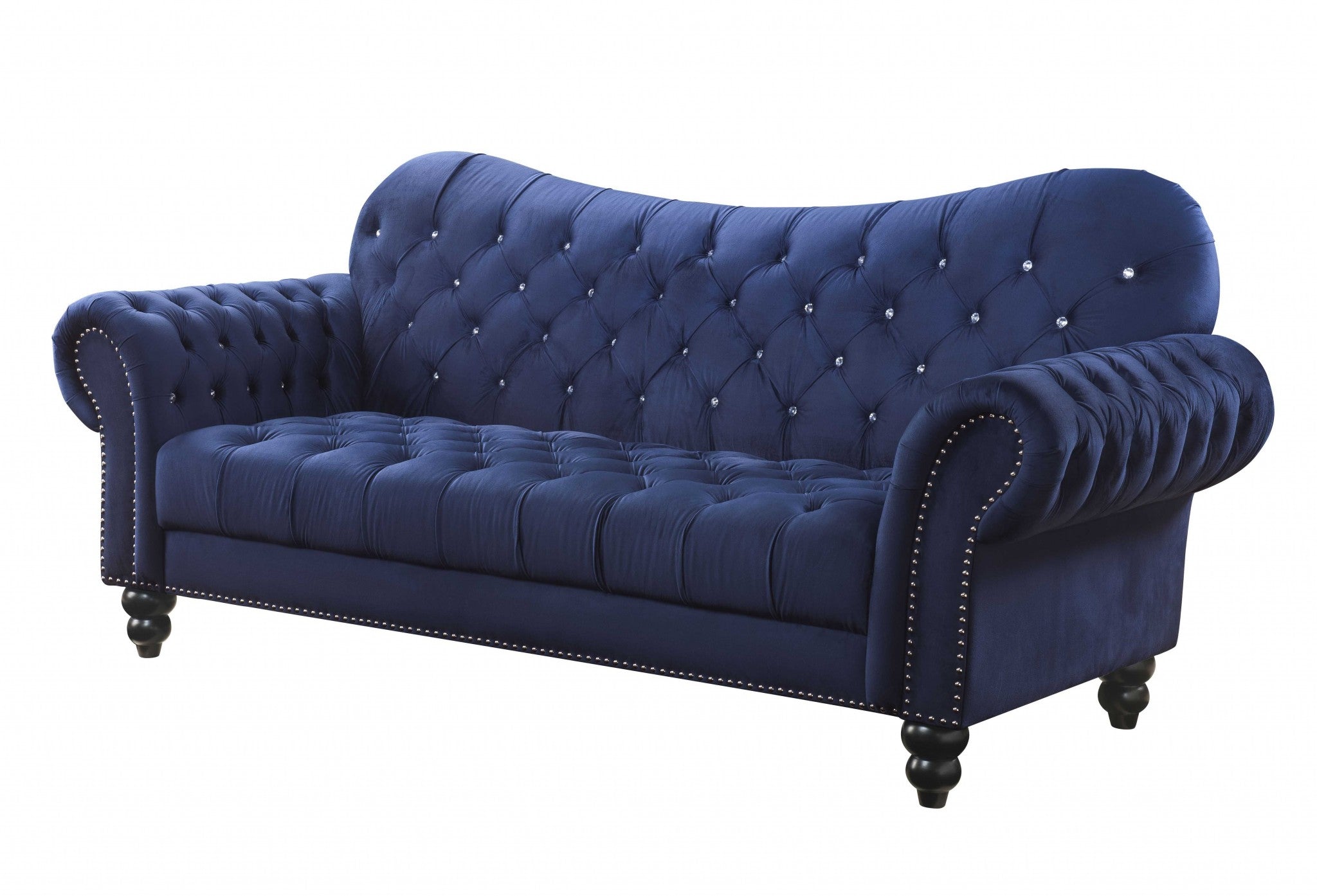 A luxurious navy velvet sofa measuring 91x42x31 inches, featuring button tufting and chrome finish legs, perfect for stylish living rooms.